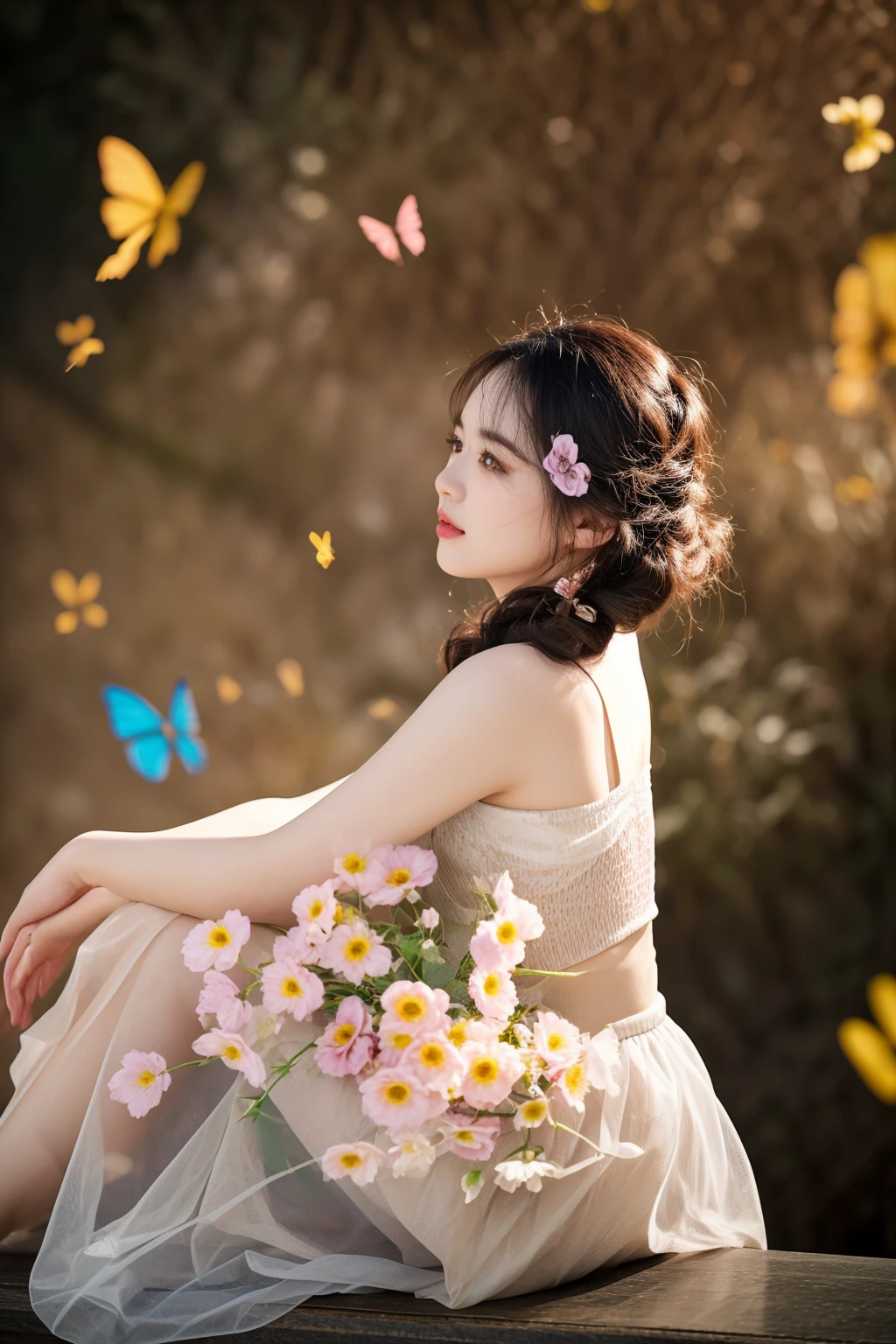 there is a woman sitting on a bench with a bouquet of flowers, photo taken with nikon d750, photo taken with nikon d 7 5 0, 8k artistic portrait photography, ethereal beauty, portrait shot, by Ye Xin, with flowers, by Yang J, by Leng Mei, fantasy photoshoot, by Tan Ting-pho