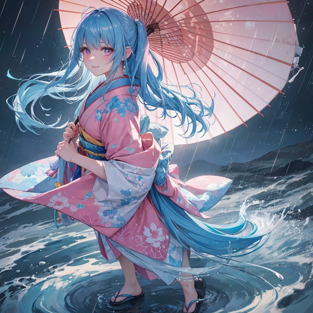 sky Blue hair, braided ponytail,(pink eyes),fair skin ,(full body),(1 girl),smile,Straight Bangs,(masterpiece, best quality, ultra-detailed, best shadow), (detailed background), (beautiful detailed face), high contrast, (best illumination, an extremely delicate and beautiful), ((cinematic light)), colorful, hyper detail, dramatic light, intricate details,(rain shower),kyoto,big Japanese Umbrella,kimono,high quality,