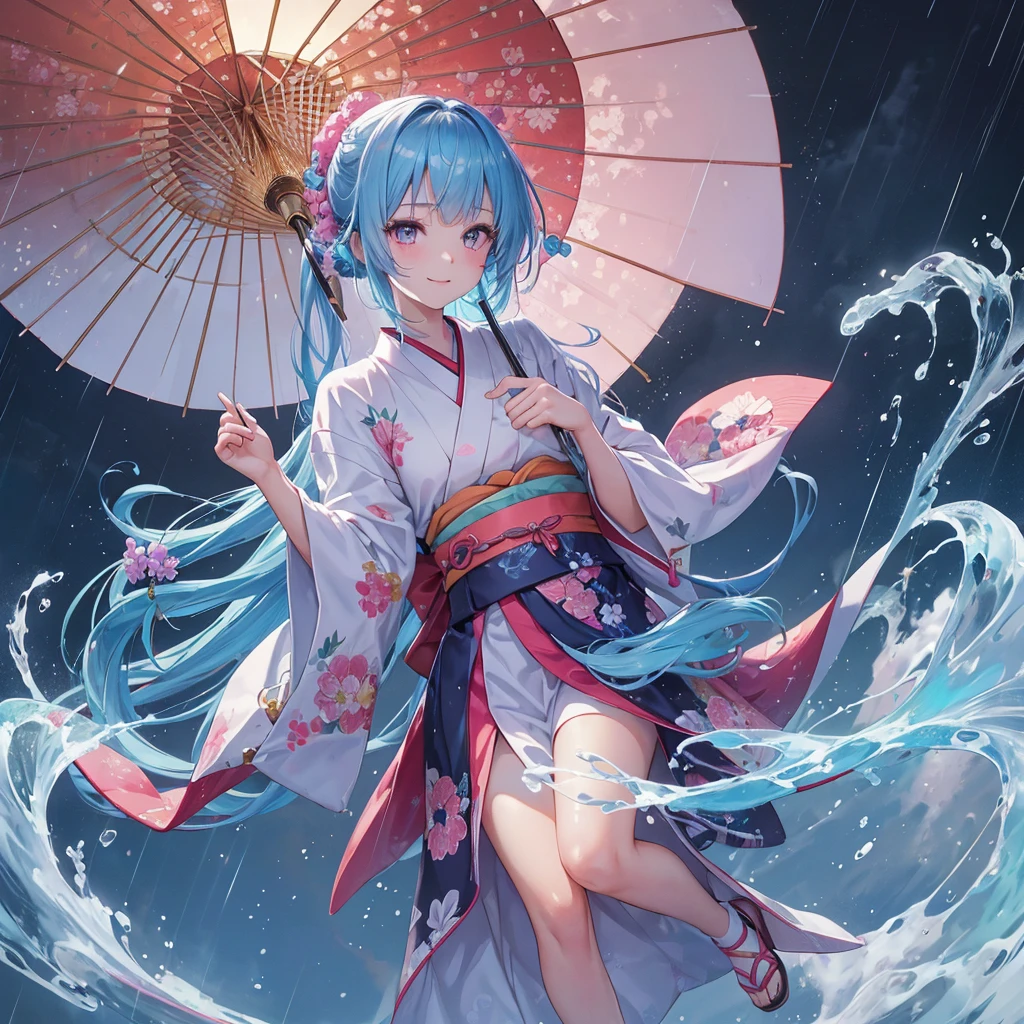 sky Blue hair, braided ponytail,(pink eyes),fair skin ,(full body),(1 girl),smile,Straight Bangs,(masterpiece, best quality, ultra-detailed, best shadow), (detailed background), (beautiful detailed face), high contrast, (best illumination, an extremely delicate and beautiful), ((cinematic light)), colorful, hyper detail, dramatic light, intricate details,(rain shower),kyoto,big Japanese Umbrella,kimono,high quality,