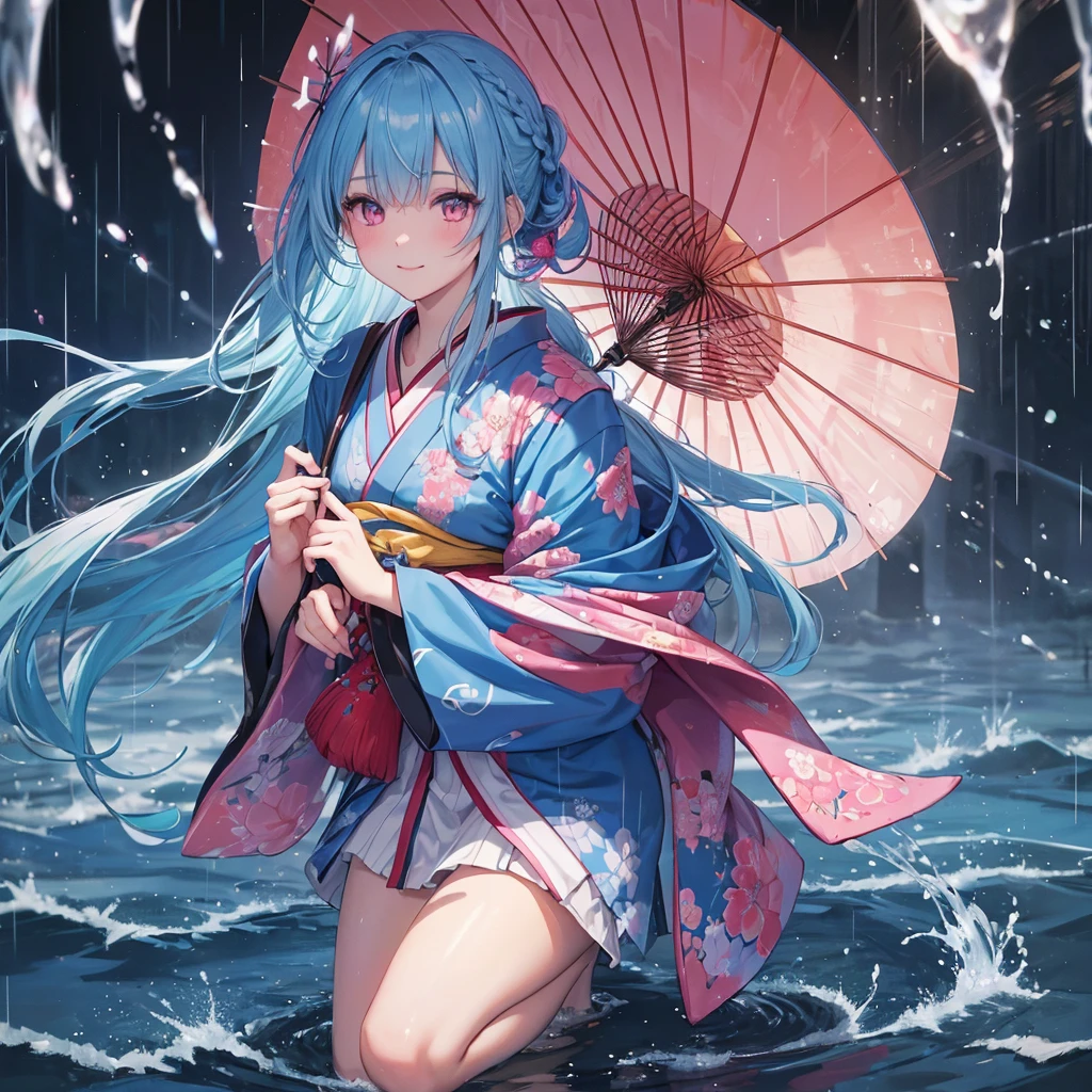 sky Blue hair, braided ponytail,(pink eyes),fair skin ,(full body),(1 girl),smile,Straight Bangs,(masterpiece, best quality, ultra-detailed, best shadow), (detailed background), (beautiful detailed face), high contrast, (best illumination, an extremely delicate and beautiful), ((cinematic light)), colorful, hyper detail, dramatic light, intricate details,(rain shower),kyoto,big Japanese Umbrella,kimono,high quality,