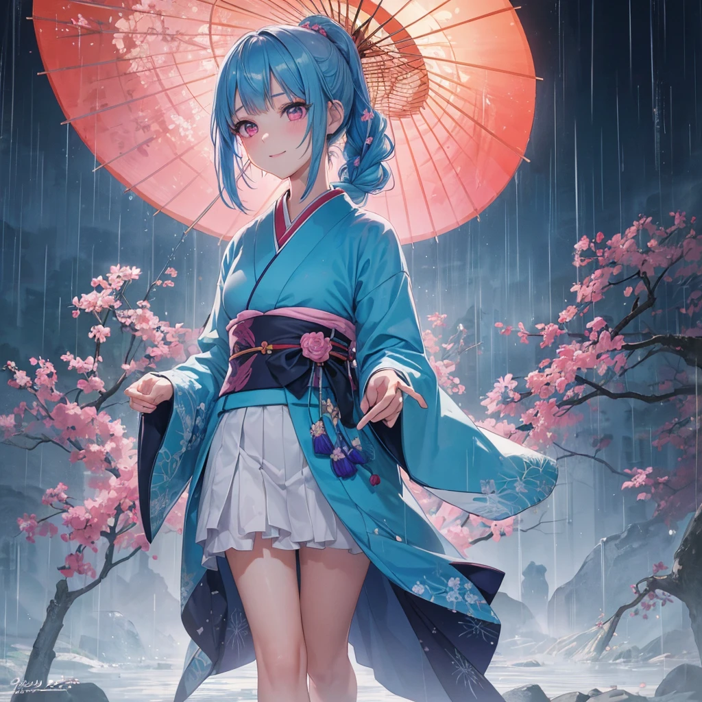 sky Blue hair, braided ponytail,(pink eyes),fair skin ,(full body),(1 girl),smile,Straight Bangs,(masterpiece, best quality, ultra-detailed, best shadow), (detailed background), (beautiful detailed face), high contrast, (best illumination, an extremely delicate and beautiful), ((cinematic light)), colorful, hyper detail, dramatic light, intricate details,(rain shower),kyoto,big Japanese Umbrella,kimono,high quality,