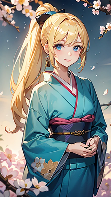 High quality, Best quality , masterpiece, Portrait、、Bright expression、ponytail、Young, shiny, white, glossy skin、Gloss Face、Shining Cheek Gloss、Small Face Beauty、The best beauty、The dazzling light of blonde hair、Bright blonde hair with dazzling highlights、Very beautiful shiny light blonde hair、super long silky straight hair、Her shiny, beautiful bangs are covering her eyes.、Sparkling, clear, attractive, bright, large, pale blue eyes、Very big eyes、eyeliner、very beautiful lovely cute 16 year old girl、young girl, Ample Bust, upper body , (smile:1.2) , (((blossom illustration kimono , ponytail )))), in room , medium breast , full body , no sleeve , at top of tower, background night many birding