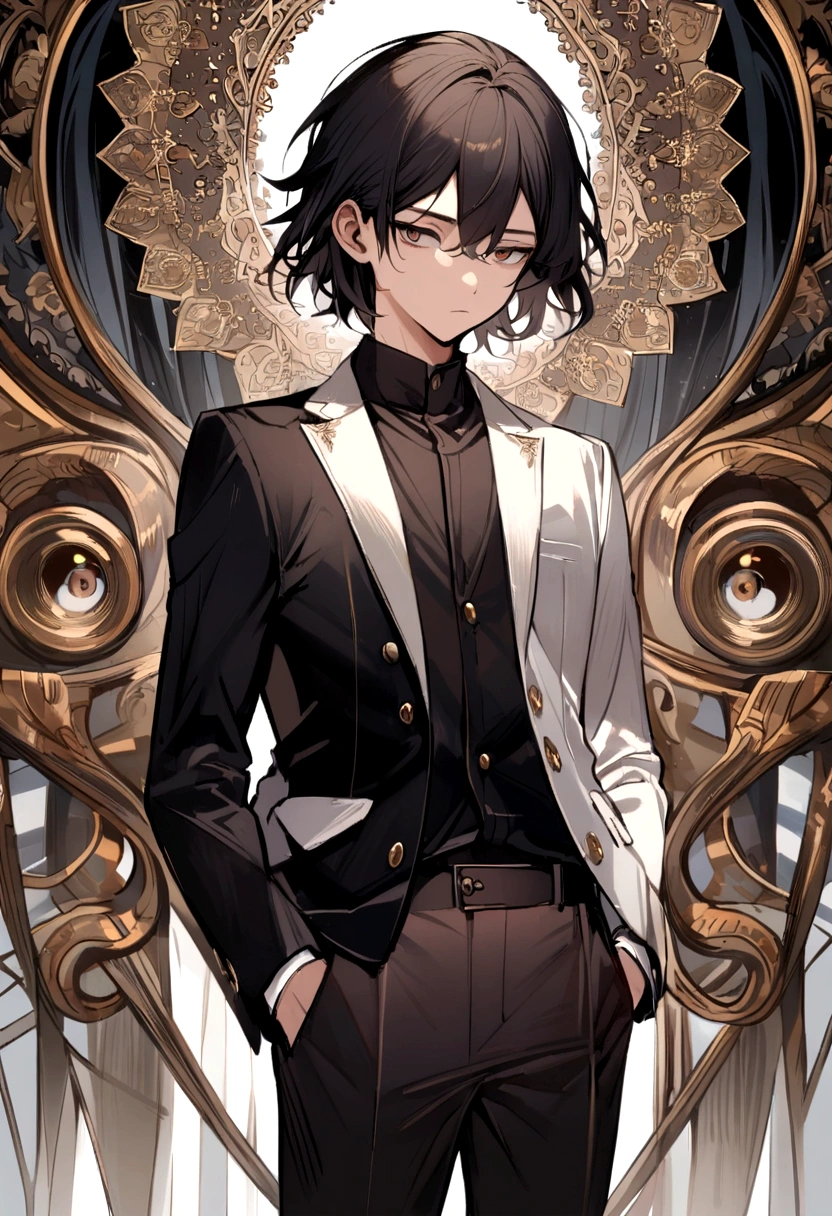 Teenage boy, tidy hair, short length hair, Bblack hair, face neutral, eyes black, white school shirt, school blue jacket, dark brown pants, black dress shoes, hands in pockets, lot of details