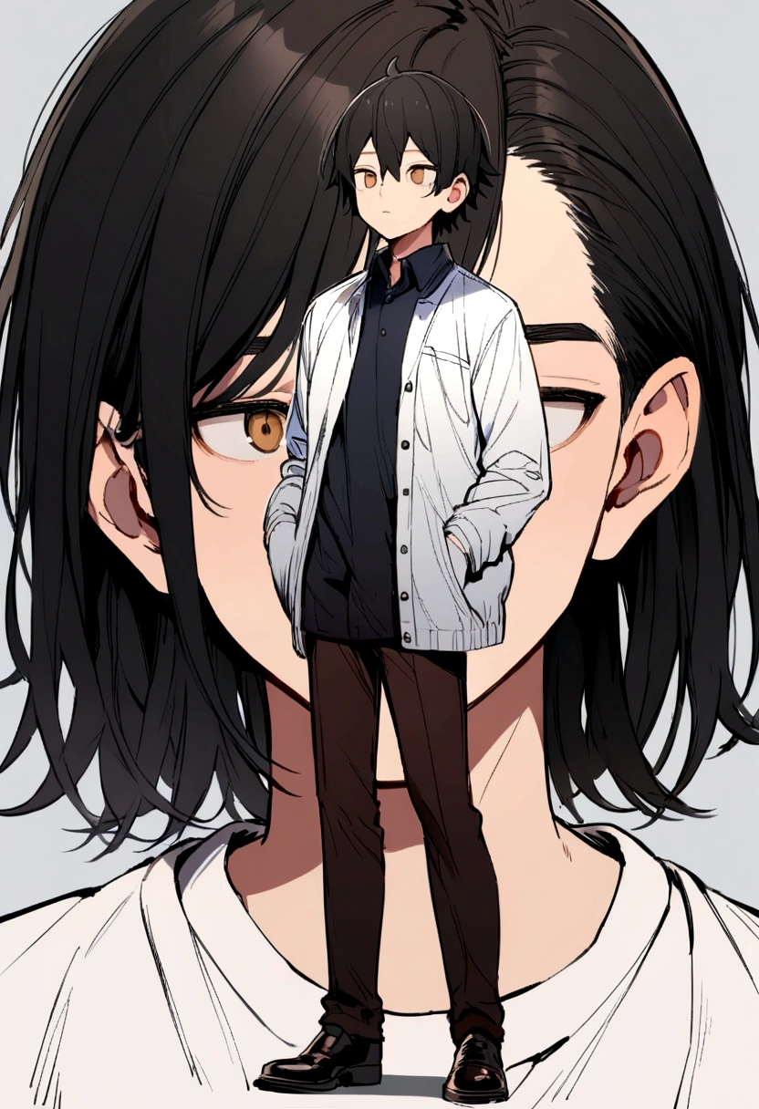 Teenage boy, tidy hair, short length hair, Bblack hair, face neutral, eyes black, white school shirt, school blue jacket, dark brown pants, black dress shoes, hands in pockets, lot of details