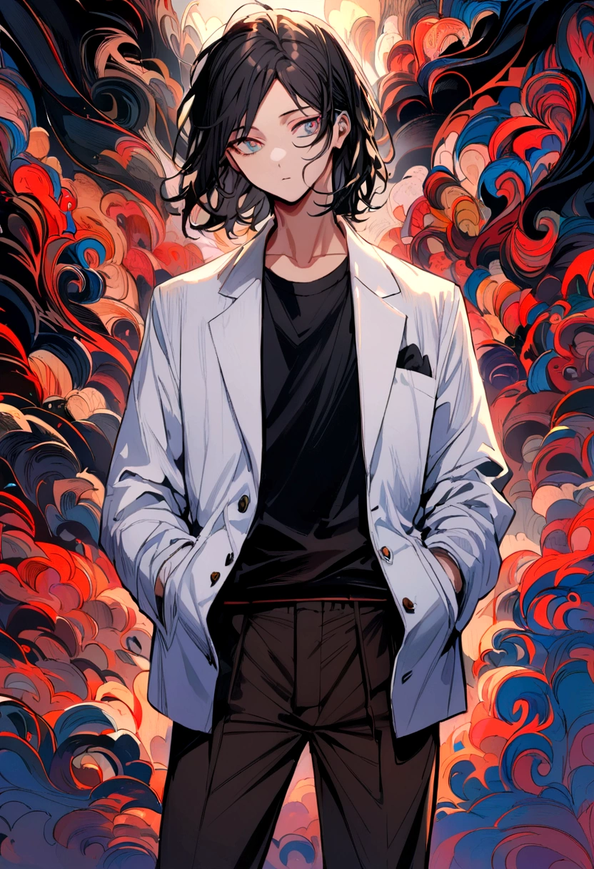 Teenage boy, tidy hair, short length hair, Bblack hair, face neutral, eyes black, white school shirt, school blue jacket, dark brown pants, black dress shoes, hands in pockets, lot of details