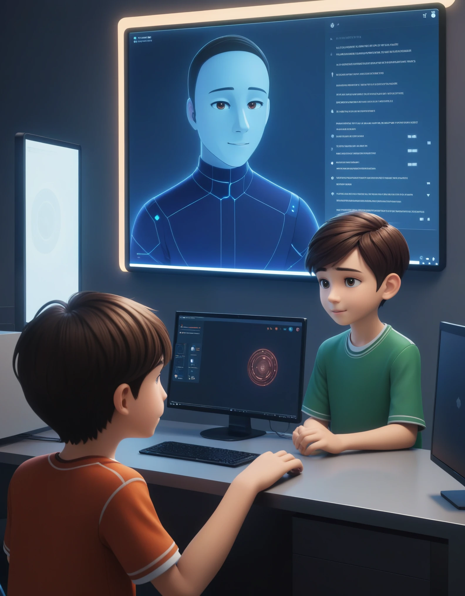 ((Highest quality)), ((masterpiece)), (detailed), A boy in a room chatting with an AI on a computer screen