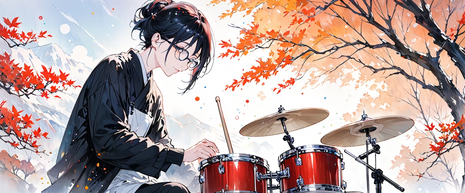 A painting by mse《man wearing glasses》,author:agnes cecile, Luminous design, Soft colors, Ink drops, Autumn Lights, playing drums