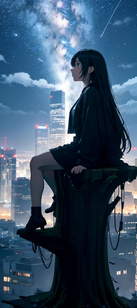 Octans, bathed in the soft glow of a star-studded sky, presents a captivating scenery. The girl, seated on the cold, worn-out stump of an ancient tree, gazes up at the night sky. Her locks cascade down her back like a cascade of black silk, blending in with the shadows cast by the cityscape behind her. The city, a silhouette against the starlit backdrop, is inhabited by towering buildings that pierce the milky way. A single, solitary cloud floats lazily across the sky, adding a touch of whimsy to the nocturnal scene. The night is crisp and quiet