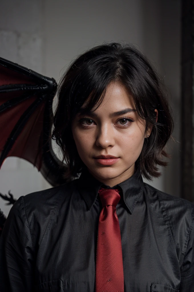 A black dragon wearing a plain red tie in a close-up angle and realistic style without wings