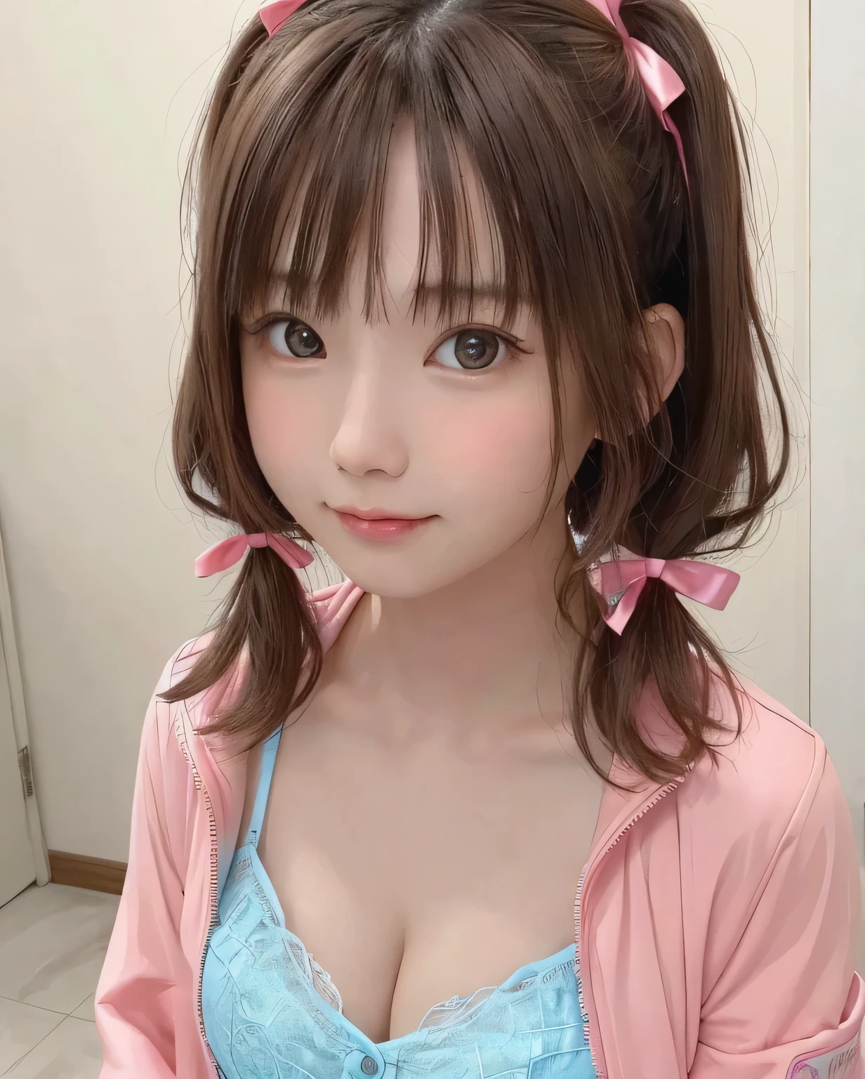 8K、masterpiece、Highest quality、High resolution、Super Resolution、Very detailed、 ((Close-up shot of face)) 、(1. Cute girl、()、slim、thin、Flat Body)、Brown Hair, Long Hair, Twin tails, Brown eyes, Neon blue hair ribbon,  Pink jacket、Closed jacket, neon blue bra, 