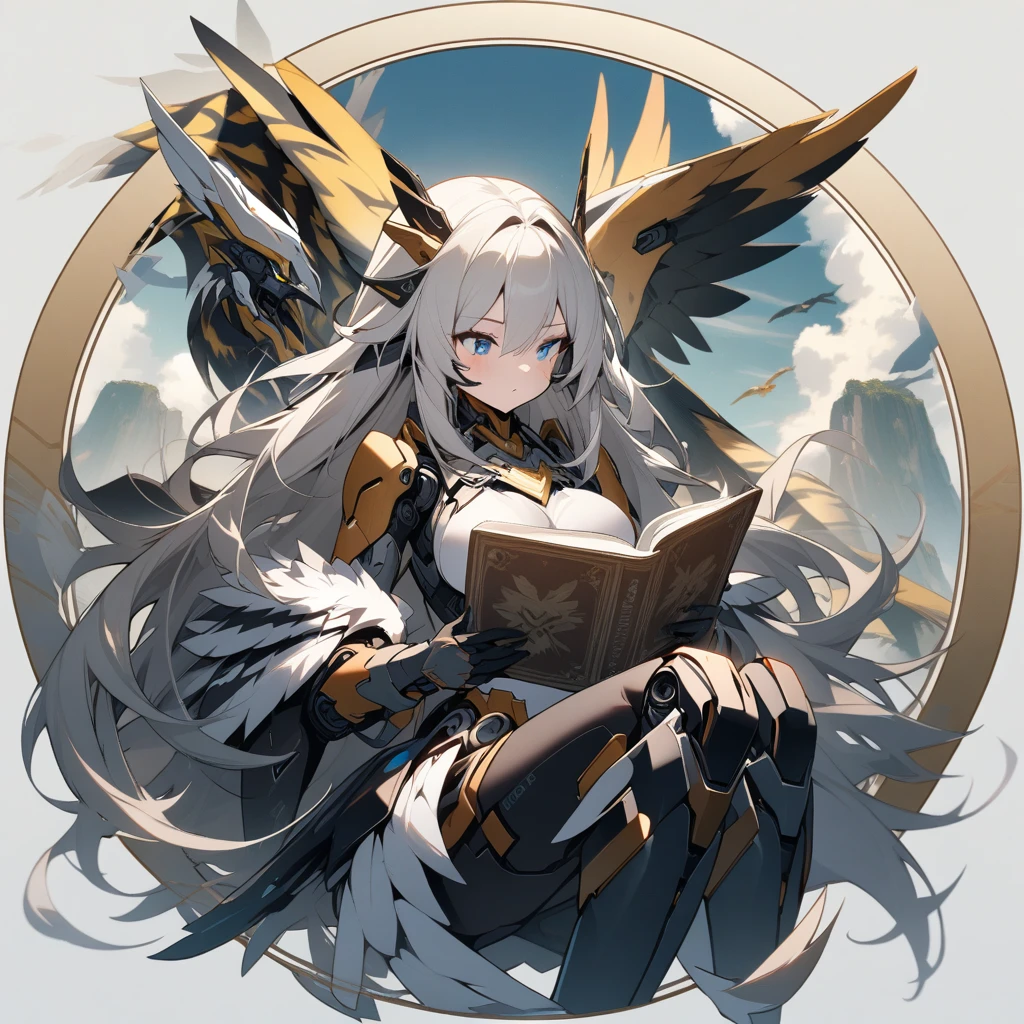 (circle frame1.7),1girl, solo, long hair, breasts, hybrid mechanical, hybrid creature, Fusion of eagle and tiger, seamlessly blending mechanical and organic elements,reading book, circle frame,