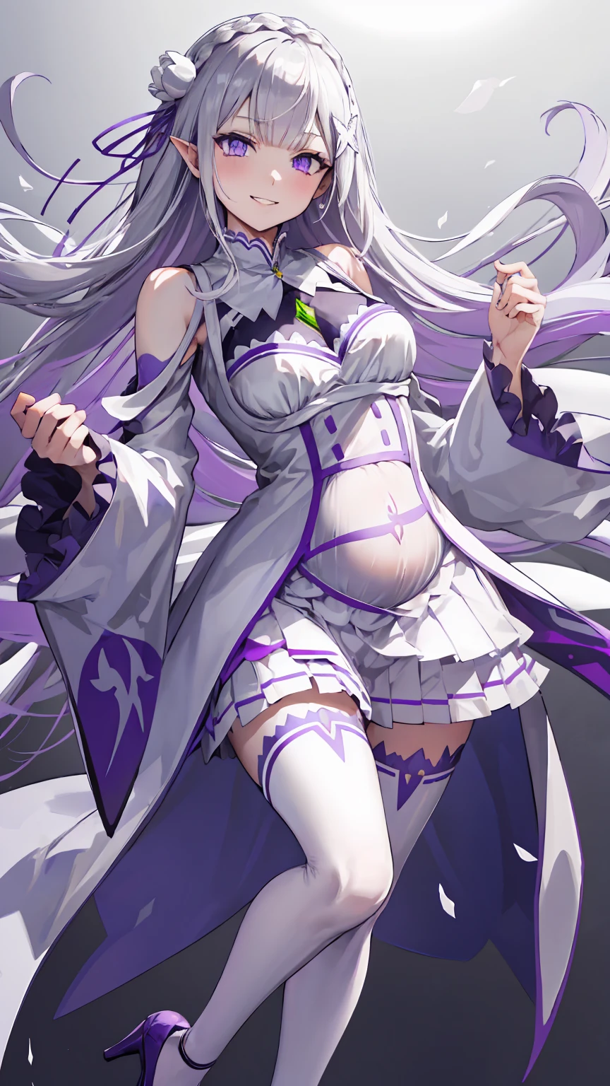 Lezero Emilia, emilia, braid, Crown braid, flower, Hair Flower, hair ornament, Hair Ribbon, Long hair, pointy ear, (Purple eyes:1.2), White hair, x hair ornament,
Break Detach Color, Detached sleeves, frilly sleeves, frilld, Long sleeves, Miniskirt, Pleated skirt, bow ribbon, Skirt, thighs thighs thighs thighs, White skirt, White sleeves, white thighhig, Wide sleeves, zettai ryouiki,
BREAK (masutepiece:1.2), Best Quality, High resolution, Unity 8k Wallpaper, (Illustration:0.8), (Beautiful detailed eyes:1.6), extra detailed face, Perfect Lighting, extremely details CG, (Perfect hands, Perfect Anatomy),is standing、low angles、leggy、Long leguchimuchi、Transparent pupils、, ((Positive pregnancy test))fullbody image、high-heels, Purple Lipstick、saliva, Micro Mini Skirt、(whole bodyエスビアン:1.3), Wide Hips, Thick thighs, (Thigh Gap:1.2), Big Ass, (shaving、1 Girl, whole body,(Big Tits:1.4)(stick out one's buttocks:1.2),