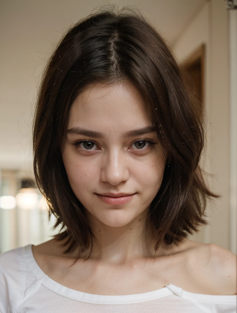 ((best quality)), ((masterpiece)), (detailed), 1girl, 8K, Best Quality, Masterpiece, Ultra High Resolution, (Realism: 1.4), Original Photo, (Realistic Skin Texture: 1.3), (Film Grain: 1.3), (Selfie Angle) 1 Girl, Beautiful Eyes and Face Details, Masterpiece, Best Quality, Close-up, Upper Body, Looking at the Viewer, russian women, hair (red color), cute smile, wearing t-shirt, white skin