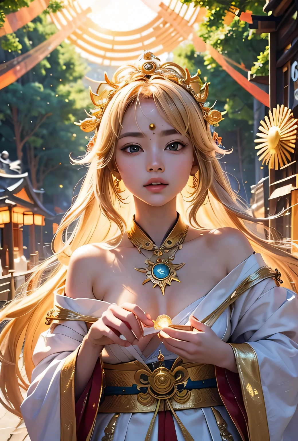 "Child of the Sun, Goddess of Love": Within a sacred sanctuary bathed in sunlight, depict the figure of a sun goddess who governs love, facing forward and emanating divine radiance. She is a , around 3 . Zoom in to focus on her face, with a gleaming orb of light in her hands, representing the life-giving power of the sun. Her hair is shimmering gold, and she is wearing a traditional miko outfit as seen in Japanese shrines. The background should be predominantly gold, evoking a sense of divine splendor, with numerous heart-themed objects expressing the beauty of love. The setting is in heaven, enveloped in soft, bright light, where one can find tranquility and peace of mind, free from any trace of anxiety.Straight-on.