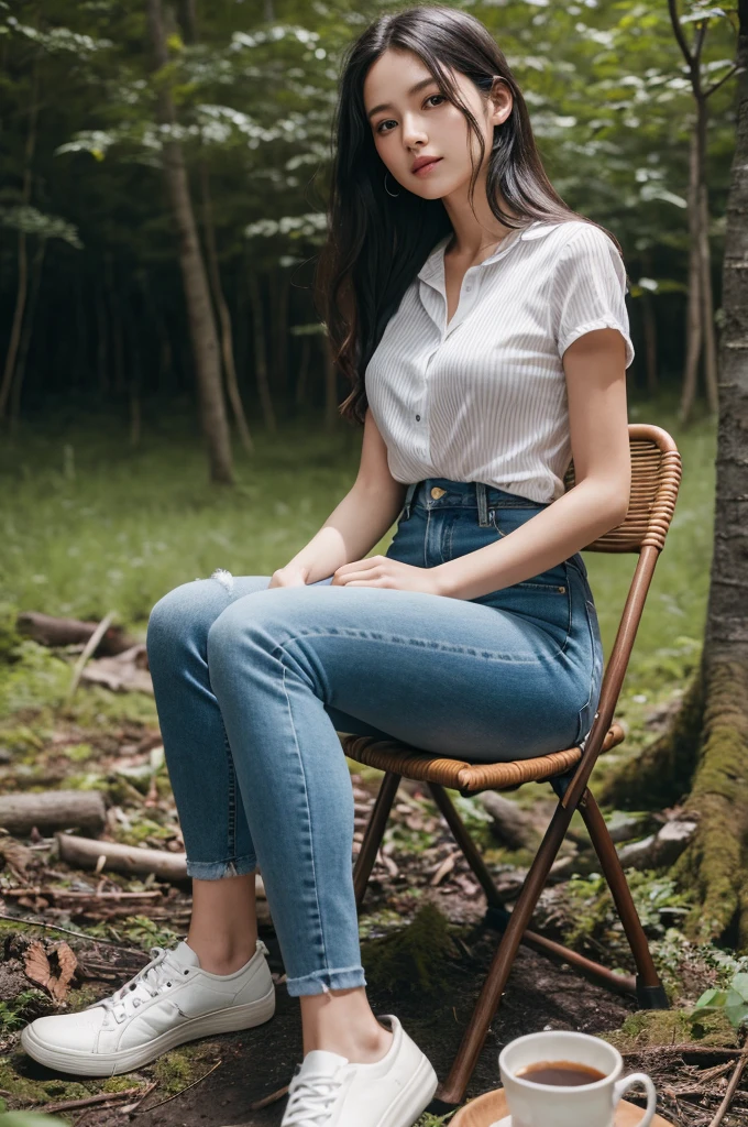 high resolution、Ultra-clear、in the forest、There is a tent、Dark-haired woman sitting on a chair、Black striped shirt on a white background、A little tight jeans、Sit by the bonfire