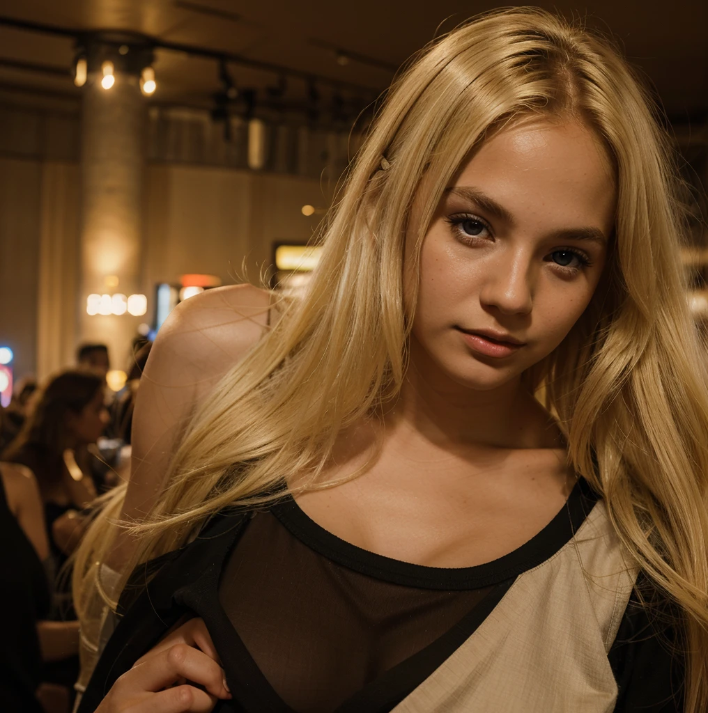 young blonde, 24 years, skin detailed, blonde hair, in a night club, photo of RWA, super realistico...
