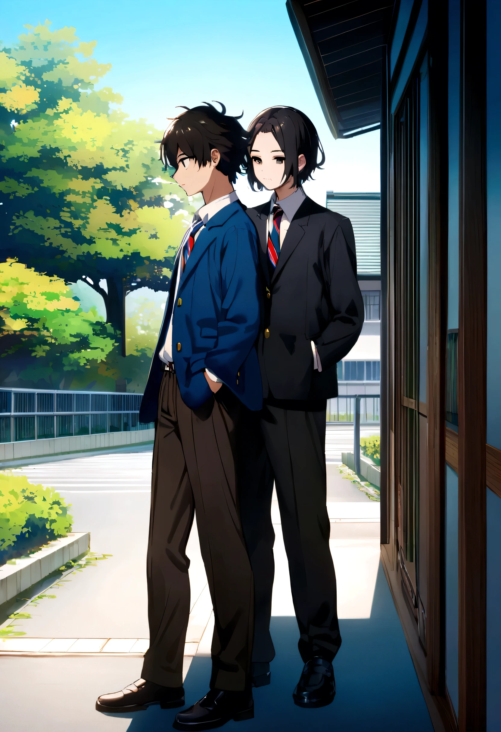  boy, tidy hair, short length hair, Bblack hair, face neutral, black eyes white school shirt, blue school jacket, dark brown pants, black dress shoes, hands in pockets, scene in a Japanese school