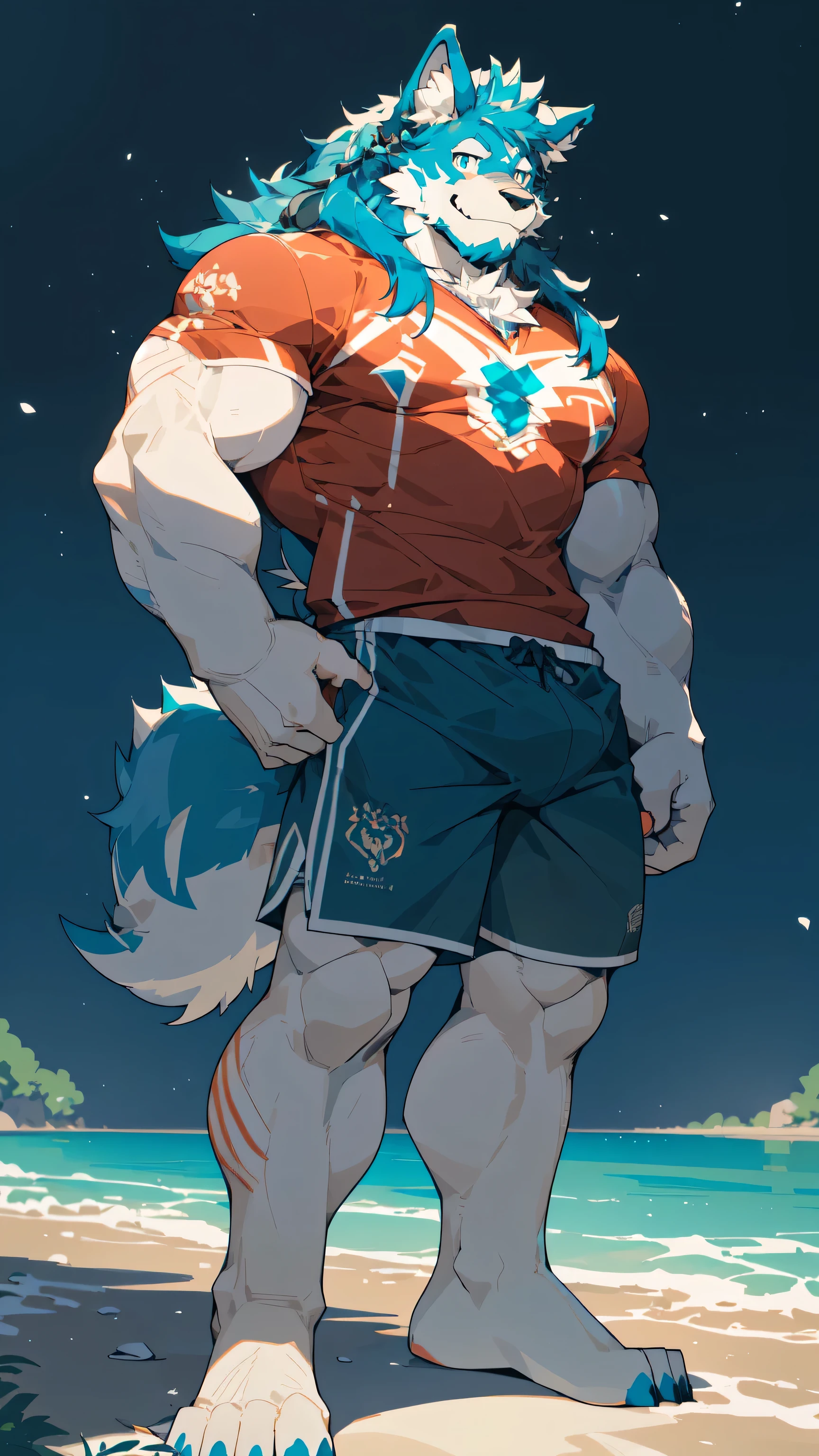 Sunlight,high resolution,4K,love,(((whole body))),masterpiece,high quality,Brave and bold,((Wolf)),male,((Strike a pose:1.3)),WolfFurry,(Middle-aged uncle),hairy,((charming,Smiling Face,Long hair)),((peaceful,Ease)),((strong,tall and big:1.3,thin long ears:1.2,Well-proportioned limbs:1.3,Wolf Tail:1.3,Bigfoot,Meat pad:1.2,Crotch bulge:1.3)),(((Red and black sports shorts))),(((Green ears,Dark blue head,dark blue back,Dark blue limbs,White breast,White belly,Blue pupils))),charming face,AttentiontoDetail,Detailed body,Detailed hands