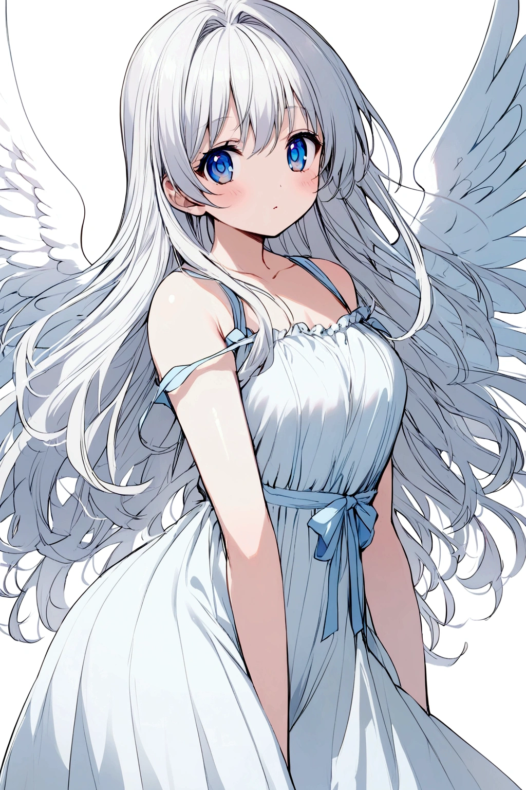 Anime girl with long white white hair blue eyes angel wings, light blue sundress with low shoulder. Age 17. Curvy.
