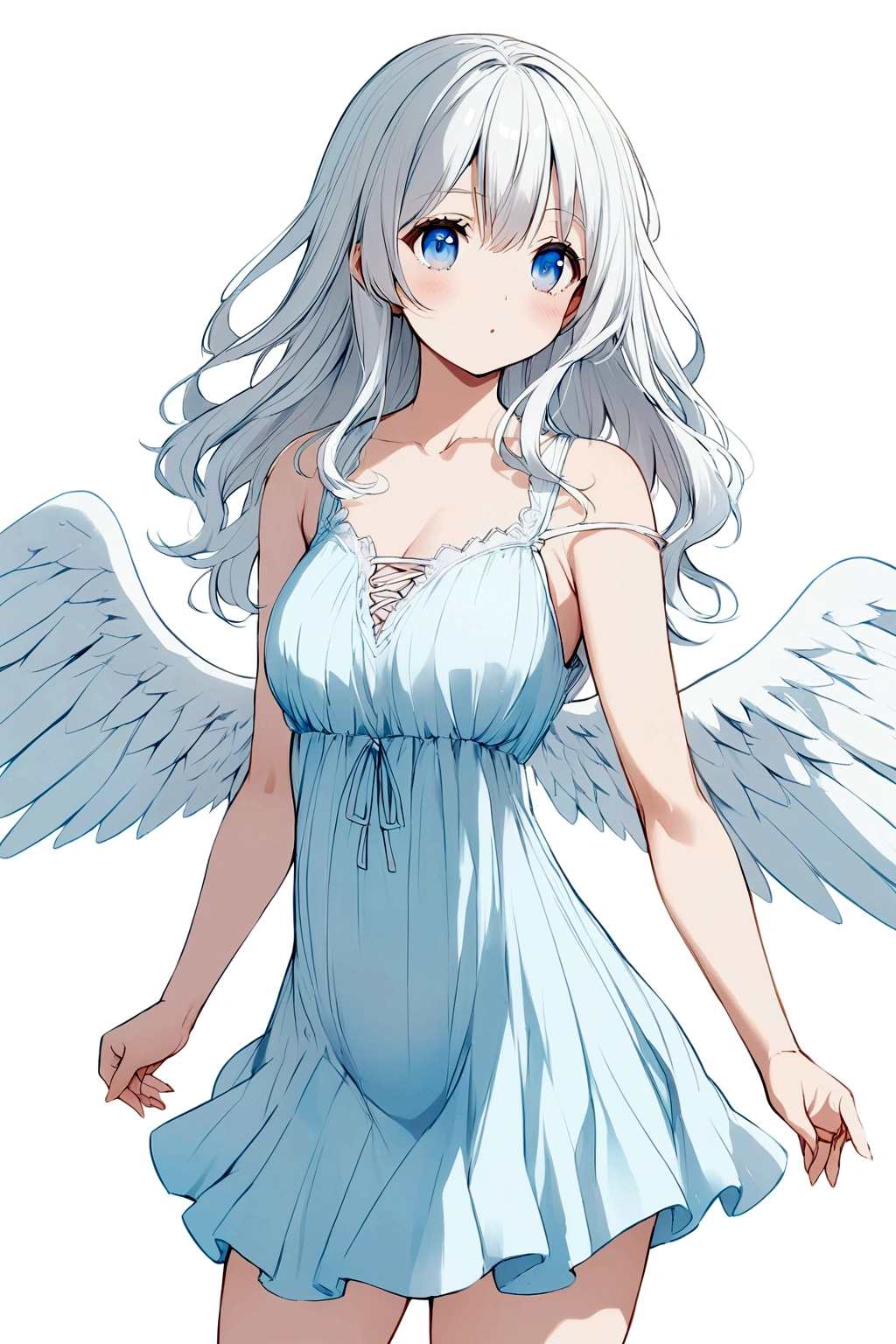 Anime girl with long white white hair blue eyes angel wings, light blue sundress with low shoulder. Age 17. Curvy.