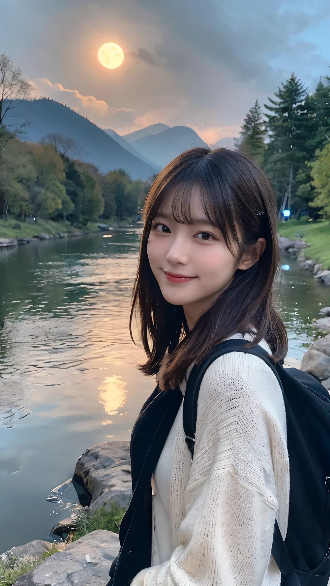 Medium Hair, Japanese, cute, Highest quality,masterpiece:1.3, High resolution, The skin looks healthy、The color is also uniform.., flashlight, Written boundary depth, chromatic aberration, Wide range of lighting, natureな陰Shadow, Hilarious, sweater, Displaying the viewer:1.2, Super detailed,Caustics, night, Realistic:1.4,RAW撮Shadow, performer, moon, have, Shadow, Backpack, 1 Girl, cigarette, smile, Random Pause, High resolution 16k 人間の皮膚のクローズアップ, Skin Textureはnatureです, Outdoor, Upper body selfie, Contrast, Mountain boots, Black-haired, gloves, rock, Analog Style, wood, river, 23 years old, forest, Very detailed, Warm colors, Warm tones, nature, nature光と色を使う, Film Grain:1.3, Ultra-Realistic Capture, Skin Texture, Happy, Mountain々, sunny