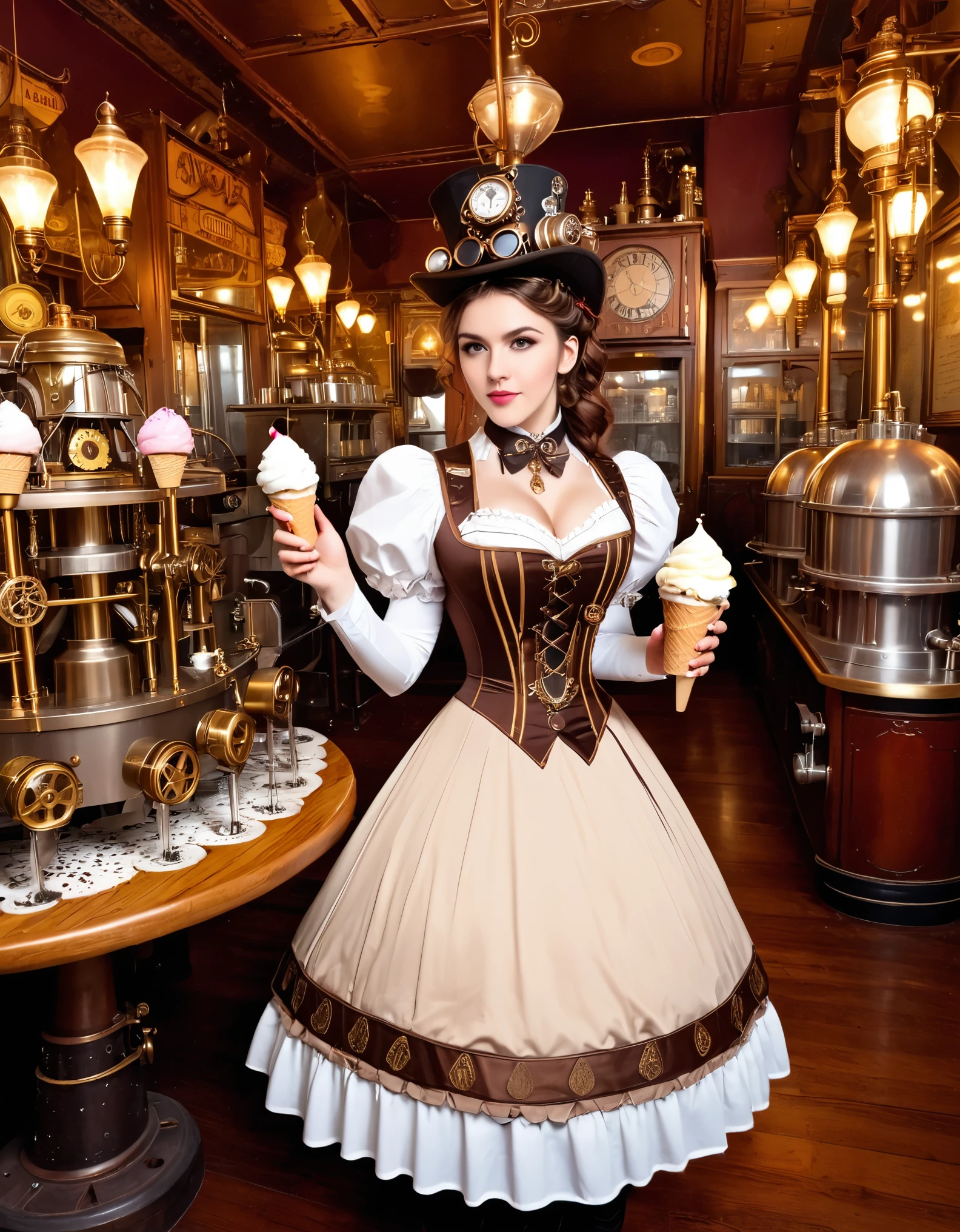 A steampunk girl with gear-adorned dress and mechanical ice cream makers, in a Victorian dessert parlor.