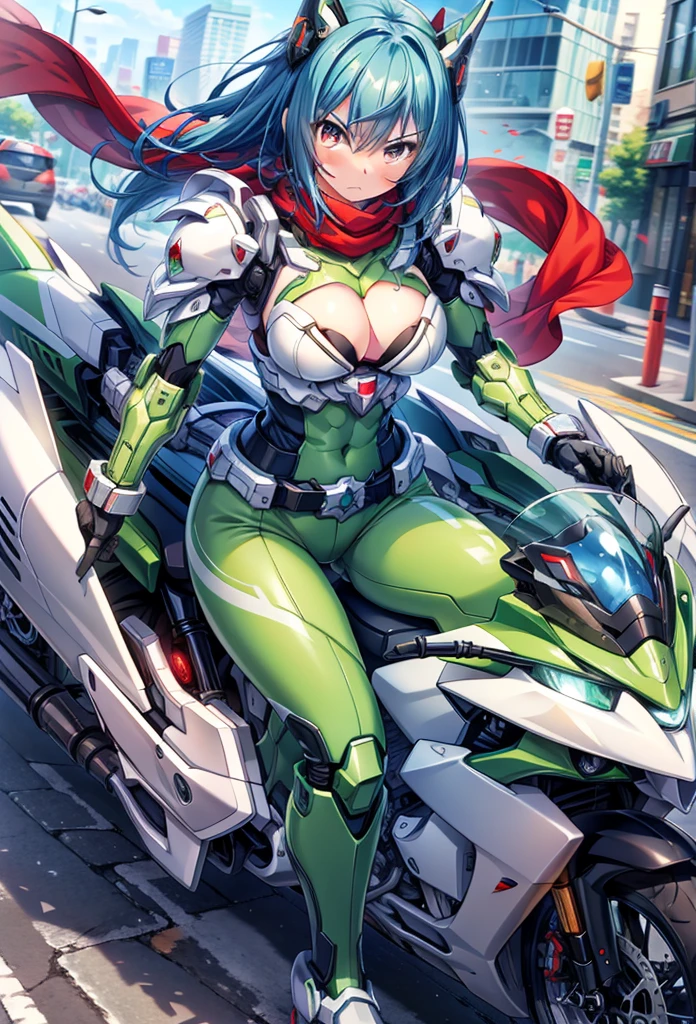 (masterpiece:1.2), best quality, high resolution, extremely detailed CG, absurdres, highres,1girl, solo, (serious:1.3), henshin belt, ((dark_blue_hair)), mecha belt, headgear, (red_scarf), black and green powersuit, white armor, on a cyber motorcycle, thighs, cleavage, blue_hair, red_scarf, mecha_armored, mecha_belt, headgear