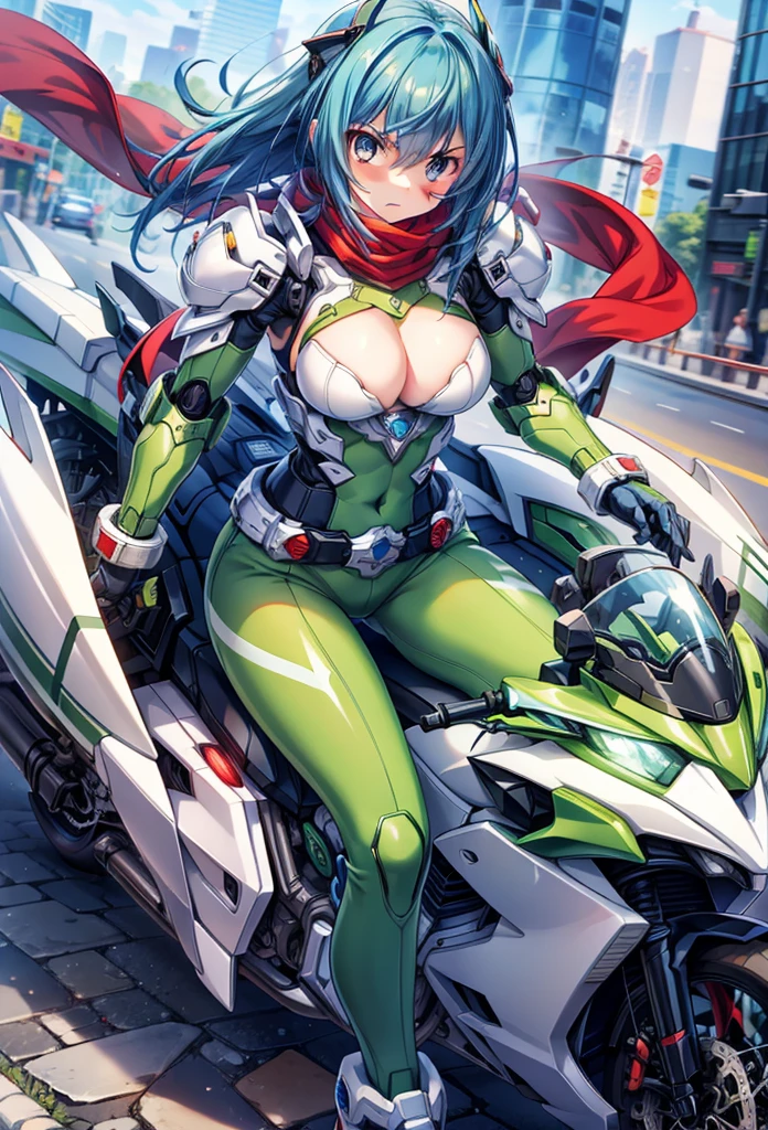(masterpiece:1.2), best quality, high resolution, extremely detailed CG, absurdres, highres,1girl, solo, (serious:1.3), henshin belt, ((dark_blue_hair)), mecha belt, headgear, (red_scarf), black and green powersuit, white armor, on a cyber motorcycle, thighs, cleavage, blue_hair, red_scarf, mecha_armored, mecha_belt, headgear