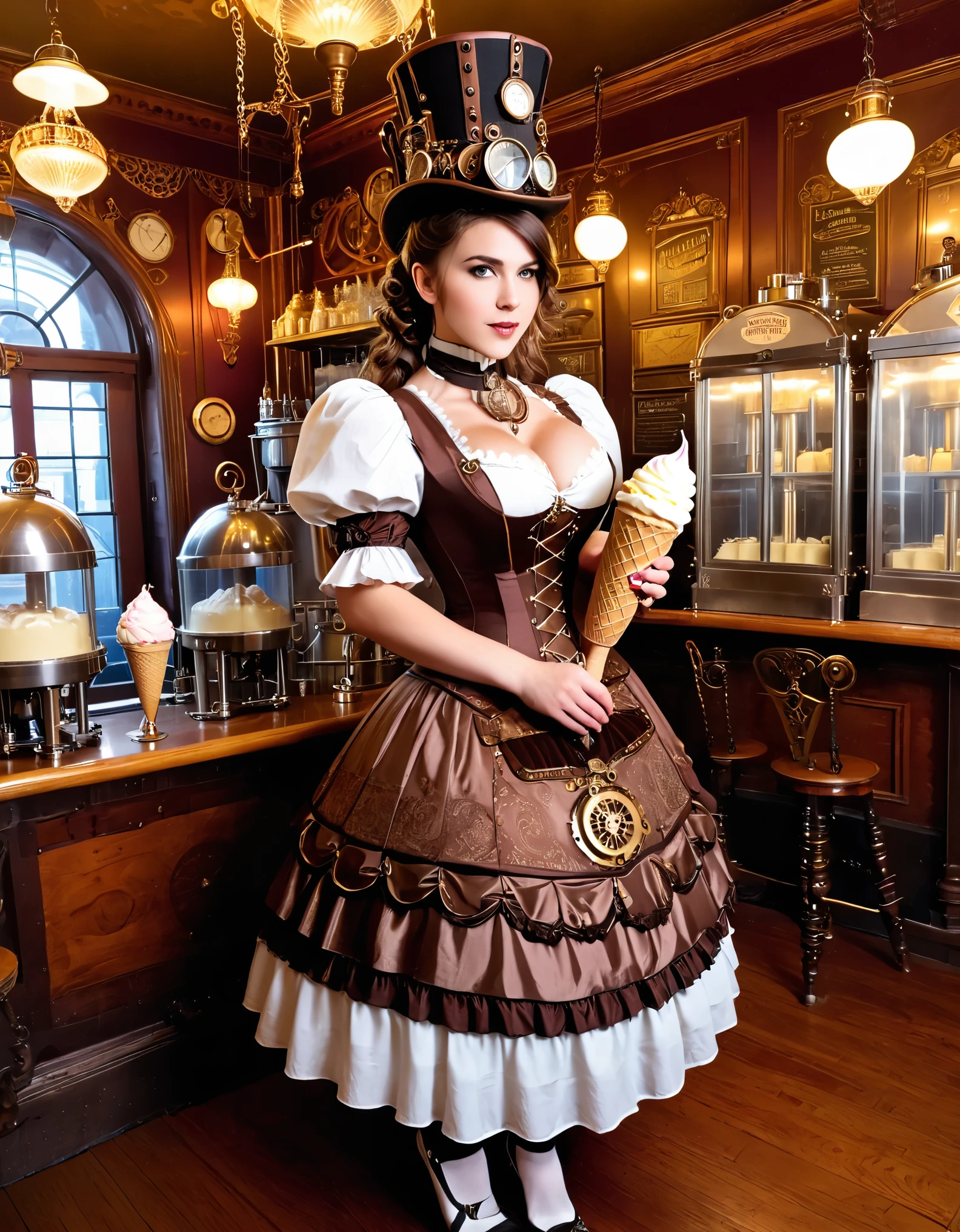 A steampunk girl with gear-adorned dress and mechanical ice cream makers, in a Victorian dessert parlor.