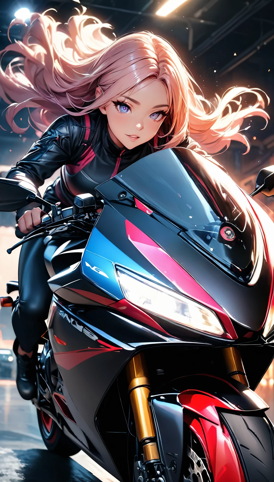 Beautiful attention to detail, Beautiful lip detail, 1 female, Woman on motorcycle, Sparkle in the eyes, Perfect hands(Five fingers), perfect body, Beautiful Hair, Shiny Hair, Beautiful Skin, Detailed face and eyes, Glossy Lips, ((Detailed Motorcycle, Studio Lighting, Vibrant colors, Dynamic pose)), Motion Blur, Dramatic lighting, Cinematic, amazing, heroic, (Highest quality:1.2, Very detailed, Ultra-high resolution, High Detail, masterpiece:1.2, Highest quality, Best aesthetics)
