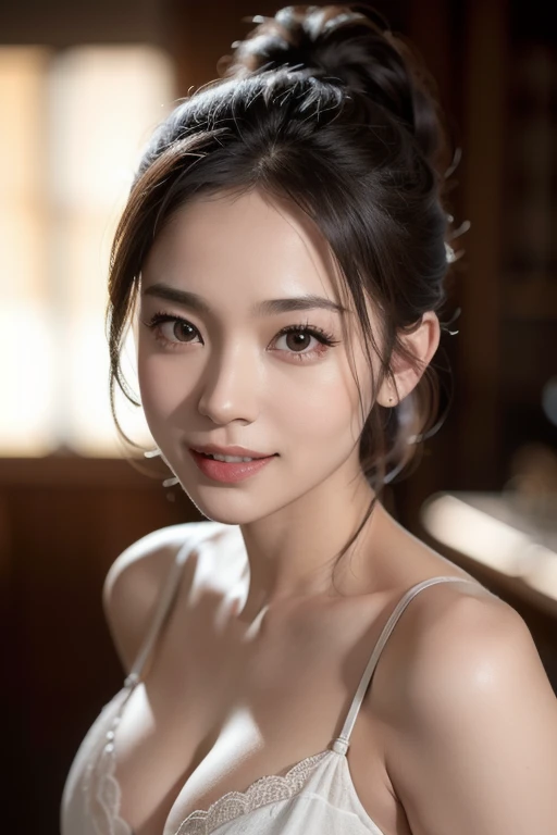 a gorgeous busty woman, ponytail, topless, lingerie, beautiful smile, beautiful detailed teeth, pov, lover, cinematic dramatic lighting, (best quality,4k,8k,highres,masterpiece:1.2),ultra-detailed,(realistic,photorealistic,photo-realistic:1.37),HDR,UHD,studio lighting,ultra-fine painting,sharp focus,physically-based rendering,extreme detail description,professional,vivid colors,bokeh,portrait,photorealistic,cinematic
