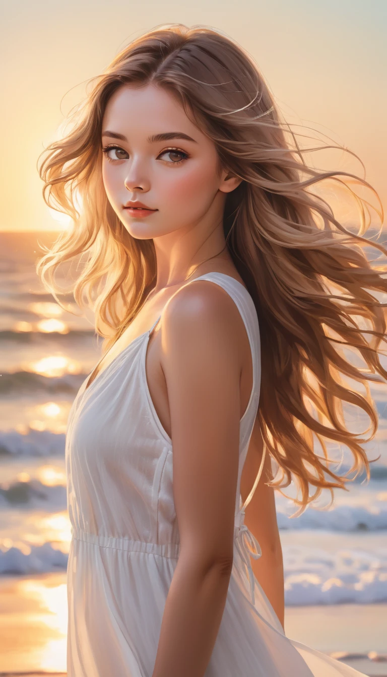 sunset beach, golden hour, closeup portrait photo of a young woman with flowing hair, wearing a white sundress, soft lighting, natural makeup, serene expression, ocean waves in the background

