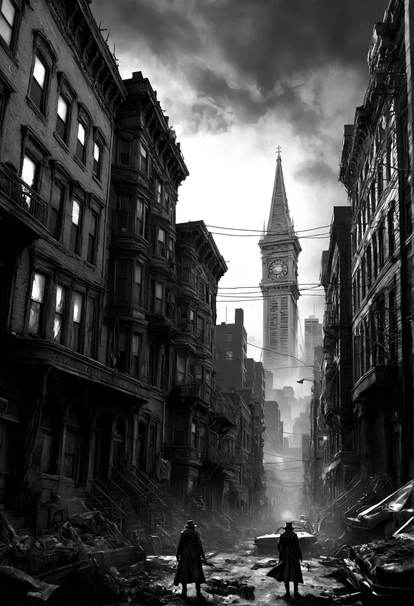 score_9, score_8_up, score_7_up, BREAK Post apocalyptic San Francisco, realistic, best quality, horror, ral-chrosc-bw, Bloodborne, Style-Volumetric, CS-RBW