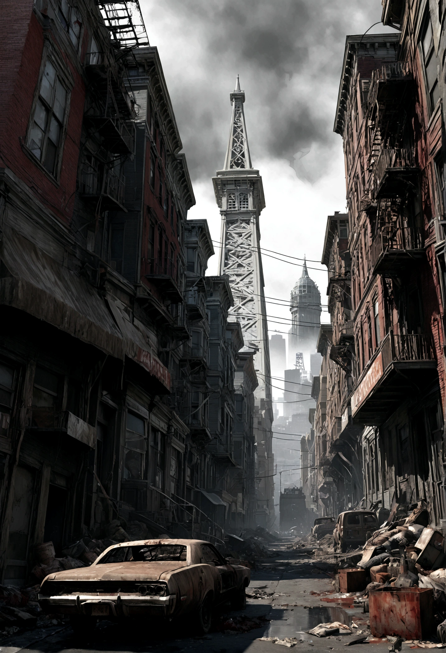 score_9, score_8_up, score_7_up, BREAK Post apocalyptic San Francisco, realistic, best quality, horror, ral-chrosc-bw, Bloodborne, Style-Volumetric, CS-RBW