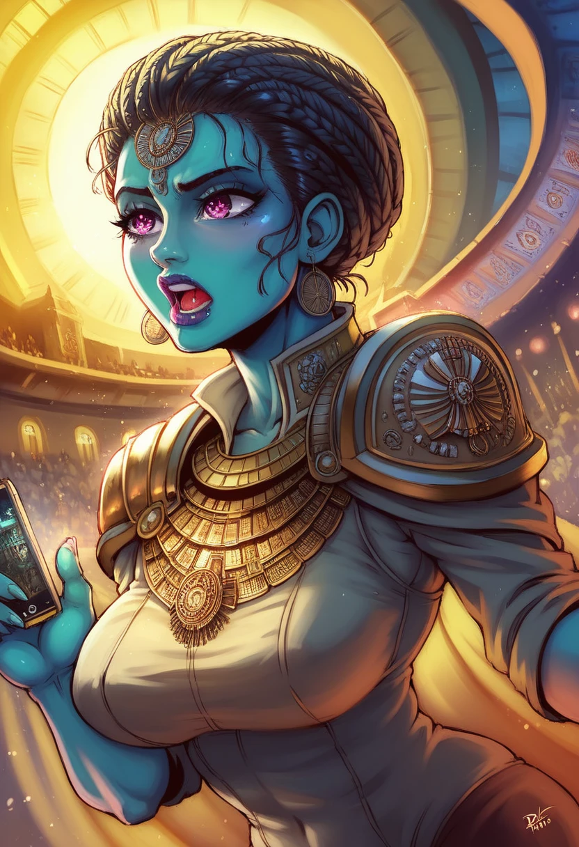 “A dramatic scene showing the moment when time travel becomes possible through a mysterious app. People are using their phones to travel to different eras, with glimpses of ancient Rome, the roaring ’20s, and futuristic cities. The background should be chaotic, with time travelers in gold and chrome scorpion battle suits in different historical outfits interacting. A high resolution, 8k, high quality, intricated lighting, luminism High resolution, Vibrant, High contrast, 8k, HDR, 500px, sharp focus