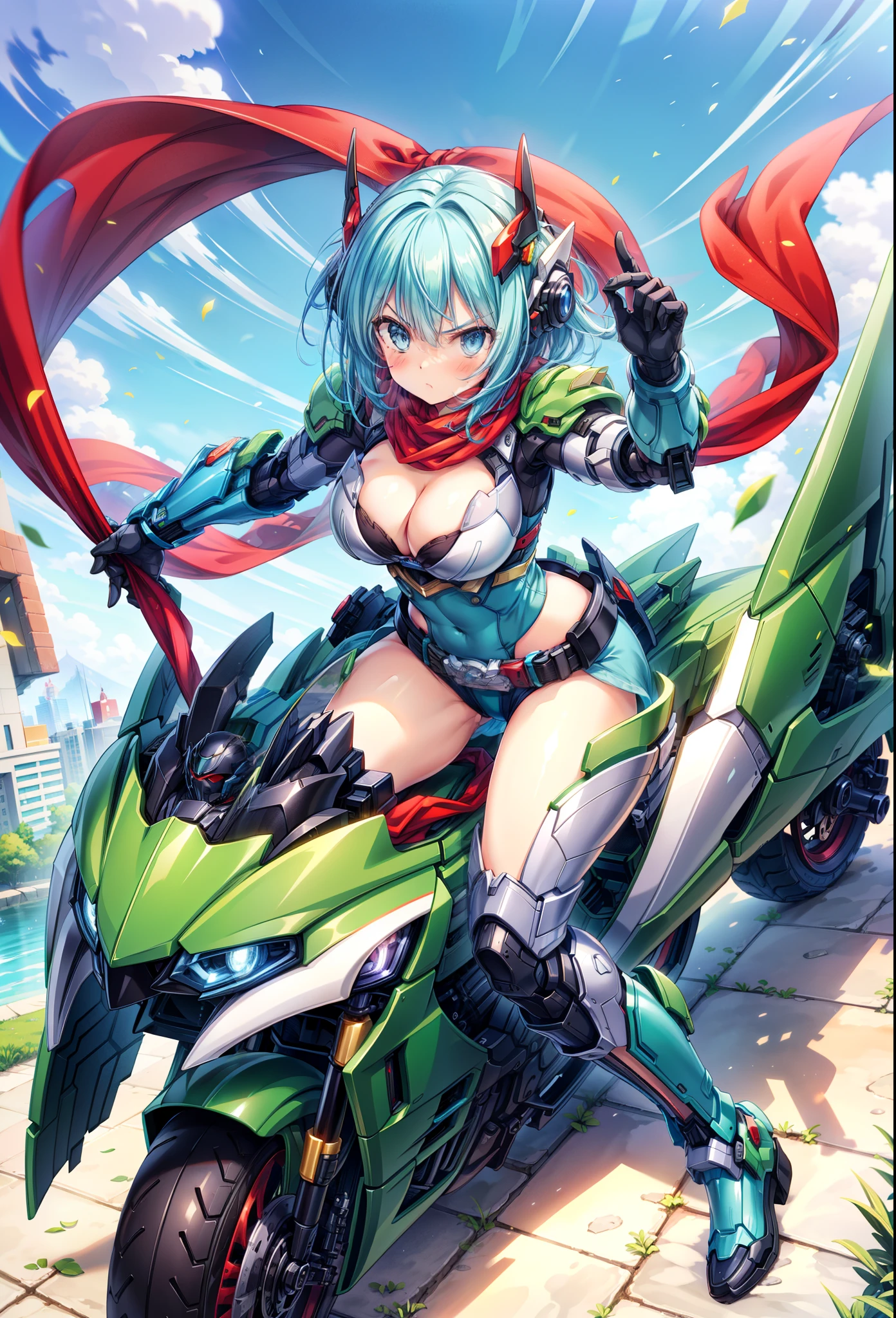(masterpiece:1.2), best quality, high resolution, extremely detailed CG, absurdres, highres,1girl, solo, (serious:1.3), henshin belt, ((dark_blue_hair)), mecha belt, headgear, (red_scarf), black and green powersuit, white armor, on a cyber motorcycle, thighs, cleavage, blue_hair, red_scarf, mecha_armored, mecha_belt, headgear