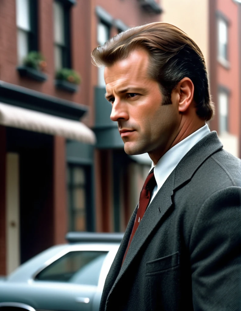 A 30 yo Daredevil Detective [Mel Gibson:Bruce Willis:0.5] Riggs, is scrutinizing his neighborhood, cinematic, professional movie scene, ultra sharp focus, shallow depth of field
