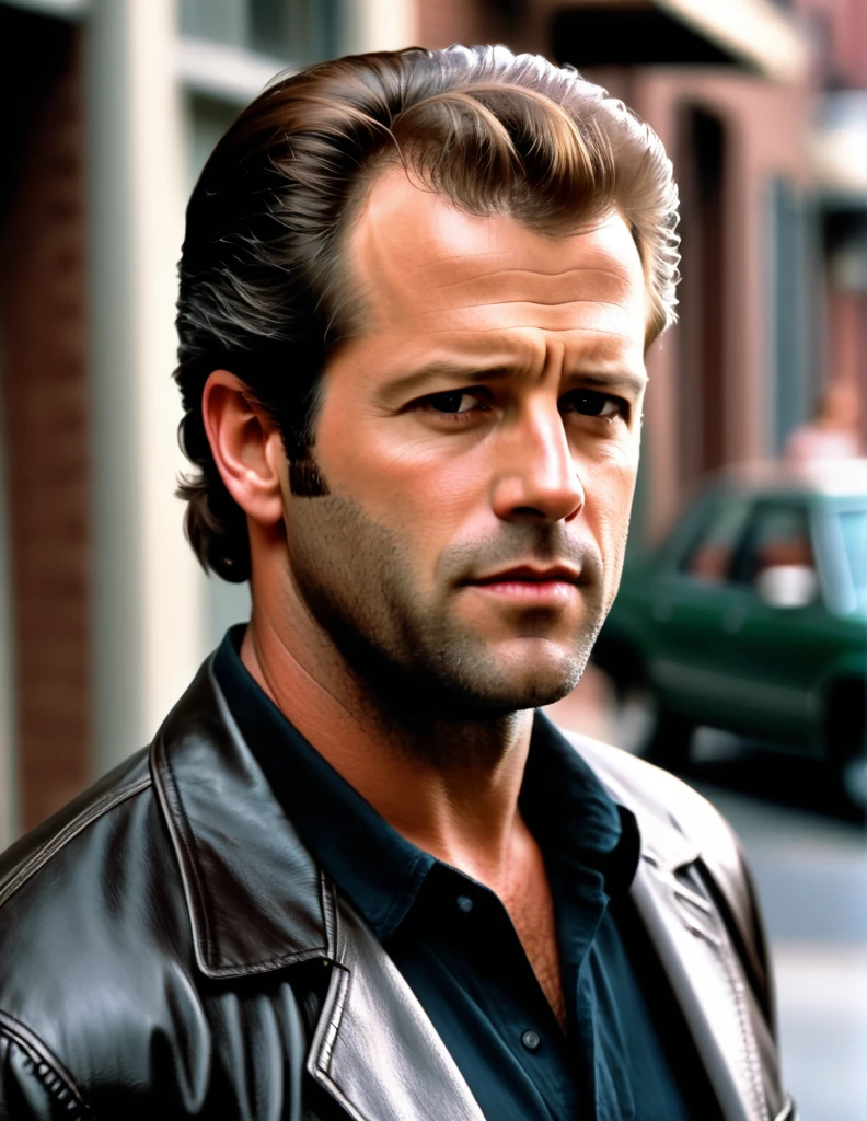 A 30 yo Daredevil Detective [Mel Gibson:Bruce Willis:0.5] Riggs, is scrutinizing his neighborhood, cinematic, professional movie scene, ultra sharp focus, shallow depth of field