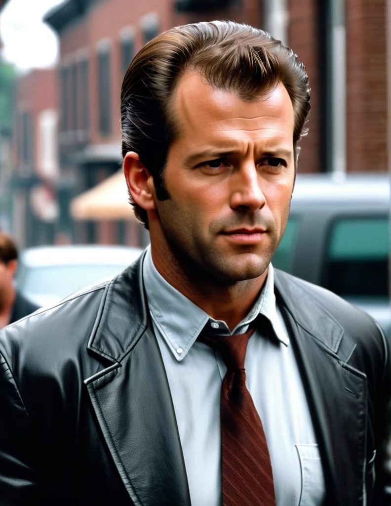 A 30 yo Daredevil Detective [Mel Gibson:Bruce Willis:0.5] Riggs, is scrutinizing his neighborhood, cinematic, professional movie scene, ultra sharp focus, shallow depth of field