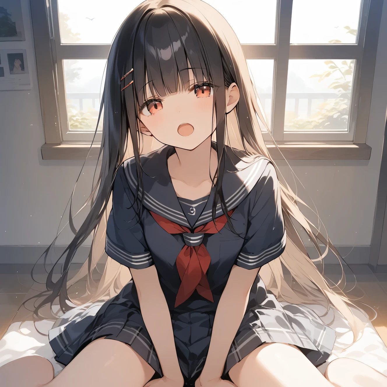 score_9, score_8_up, score_7_up, source_anime, best quality, masterpiece, official art, absurdres, highres, ultra-detailed,waifu2x,Collection: Slice of Life,break,1girl, long hair, straight hair, black hair, blunt bangs, small breasts, beautiful detailed eyes, school_uniform, open mouth, (yawn:0.3), sleepily, sitting, school, indoors, wind, break,(clear line illustration:1.2),very high resolution, very aesthetic, super detailed skin, Best sexual lighting powered by famous artist, 8k,cute picture,beauty illustration,photoshop_(medium),,(Detailed Lighting),best anime 8k konachan wallpaper, pixiv contest winner,