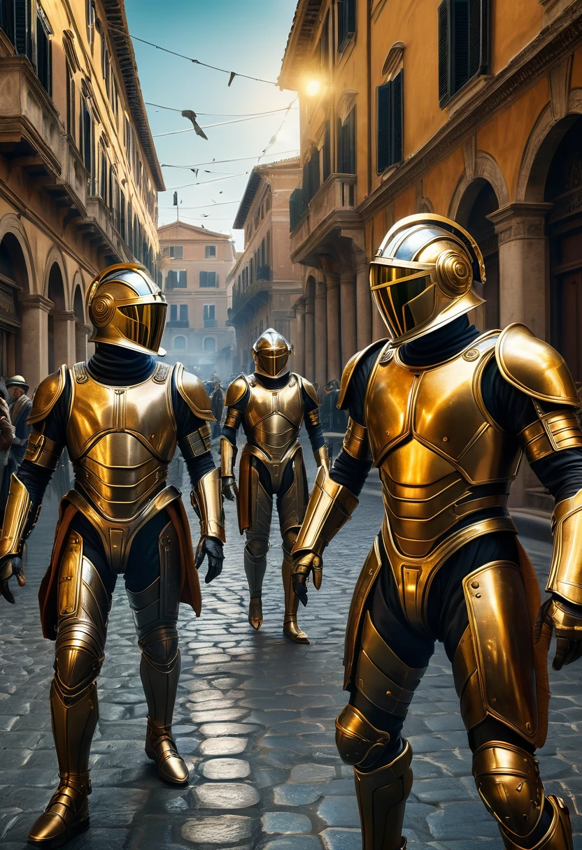 “A dramatic scene showing the moment when time travel becomes possible through a mysterious app. People are using their phones to travel to different eras, with glimpses of ancient Rome, the roaring ’20s, and futuristic cities. The background should be chaotic, with time travelers in gold and chrome scorpion battle suits in different historical outfits interacting. A high resolution, 8k, high quality, intricated lighting, luminism High resolution, Vibrant, High contrast, 8k, HDR, 500px, sharp focus