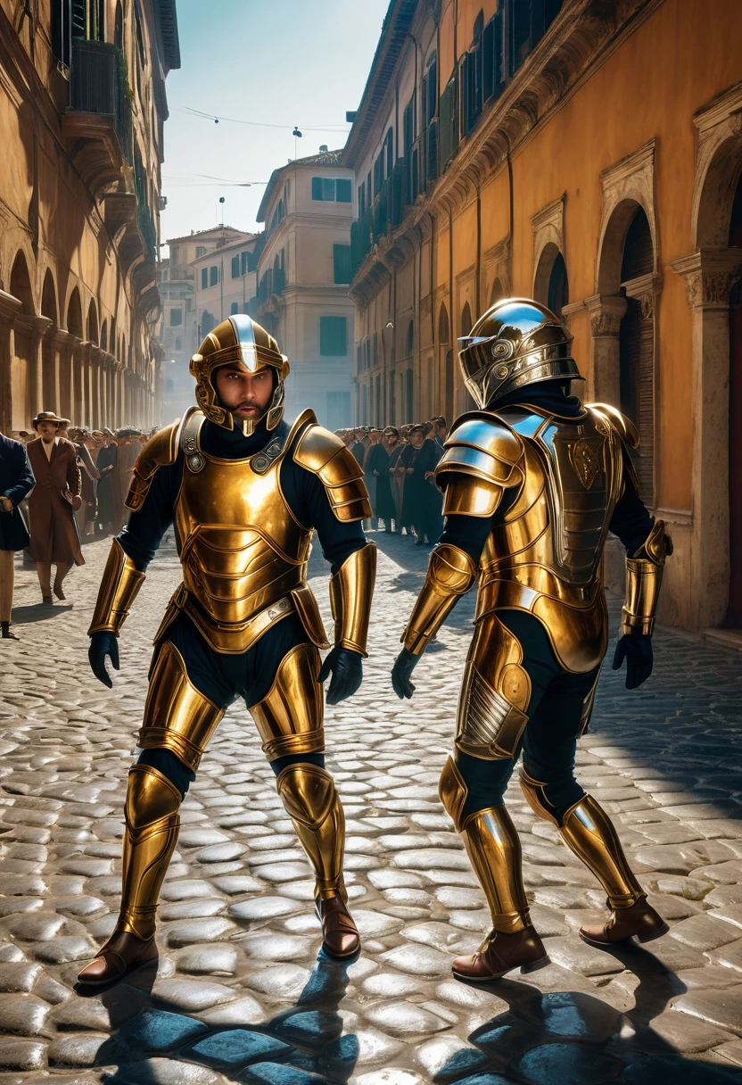 “A dramatic scene showing the moment when time travel becomes possible through a mysterious app. People are using their phones to travel to different eras, with glimpses of ancient Rome, the roaring ’20s, and futuristic cities. The background should be chaotic, with time travelers in gold and chrome scorpion battle suits in different historical outfits interacting. A high resolution, 8k, high quality, intricated lighting, luminism High resolution, Vibrant, High contrast, 8k, HDR, 500px, sharp focus