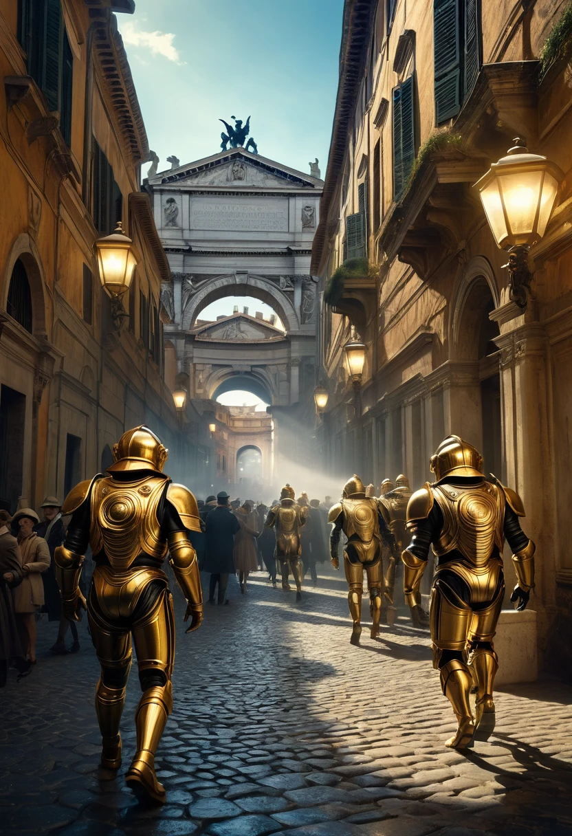 “A dramatic scene showing the moment when time travel becomes possible through a mysterious app. People are using their phones to travel to different eras, with glimpses of ancient Rome, the roaring ’20s, and futuristic cities. The background should be chaotic, with time travelers in gold and chrome scorpion battle suits in different historical outfits interacting. A high resolution, 8k, high quality, intricated lighting, luminism High resolution, Vibrant, High contrast, 8k, HDR, 500px, sharp focus