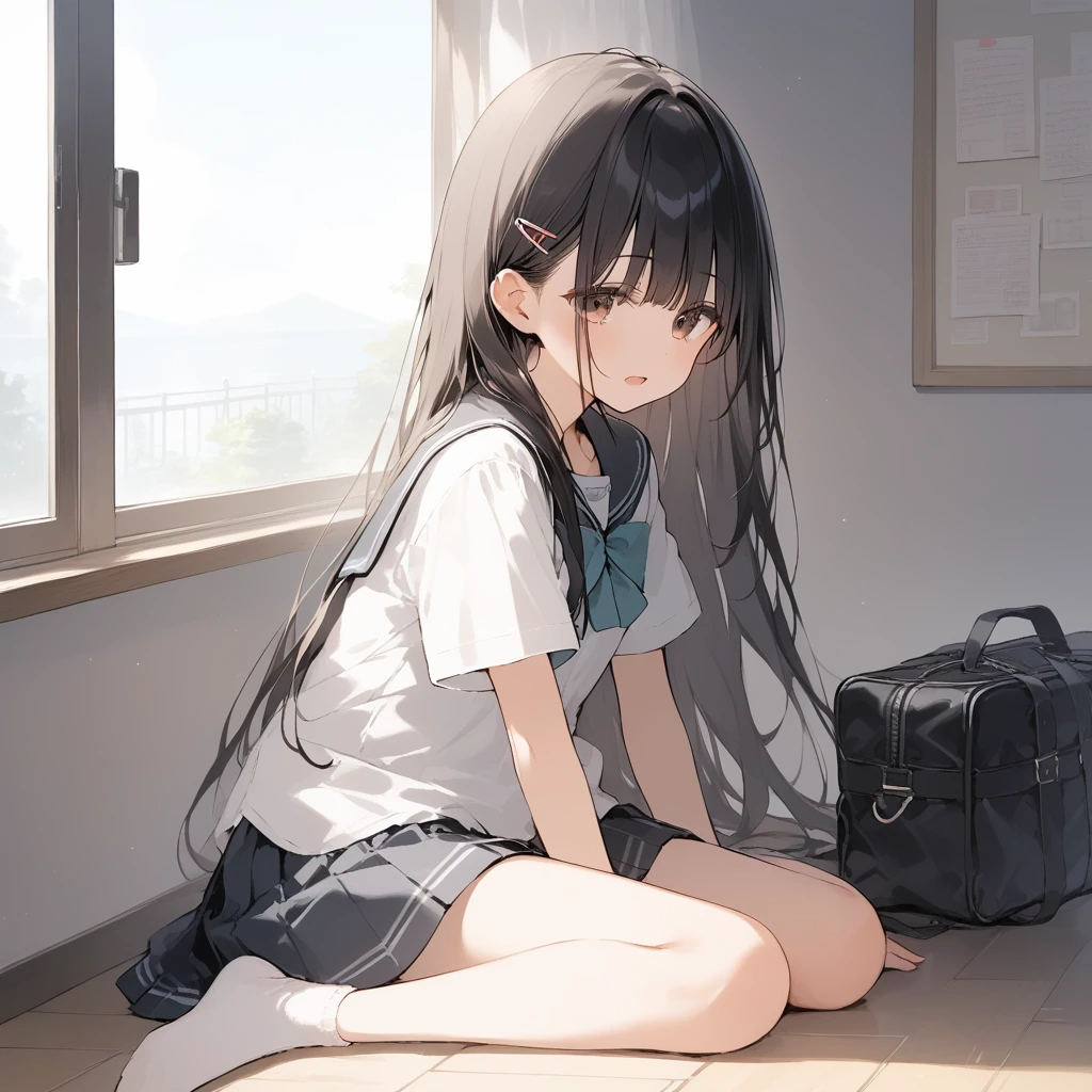 score_9, score_8_up, score_7_up, source_anime, best quality, masterpiece, official art, absurdres, highres, ultra-detailed,waifu2x,Collection: Slice of Life,break,1girl, long hair, straight hair, black hair, blunt bangs, small breasts, slender, beautiful detailed eyes, school_uniform,  open mouth, (yawn:0.3), sleepily, sitting, bench, outdoors, wind, break,(clear line illustration:1.2),very high resolution, very aesthetic, super detailed skin, Best sexual lighting powered by famous artist, 8k,cute picture,beauty illustration,photoshop_(medium),,(Detailed Lighting),best anime 8k konachan wallpaper, pixiv contest winner, 