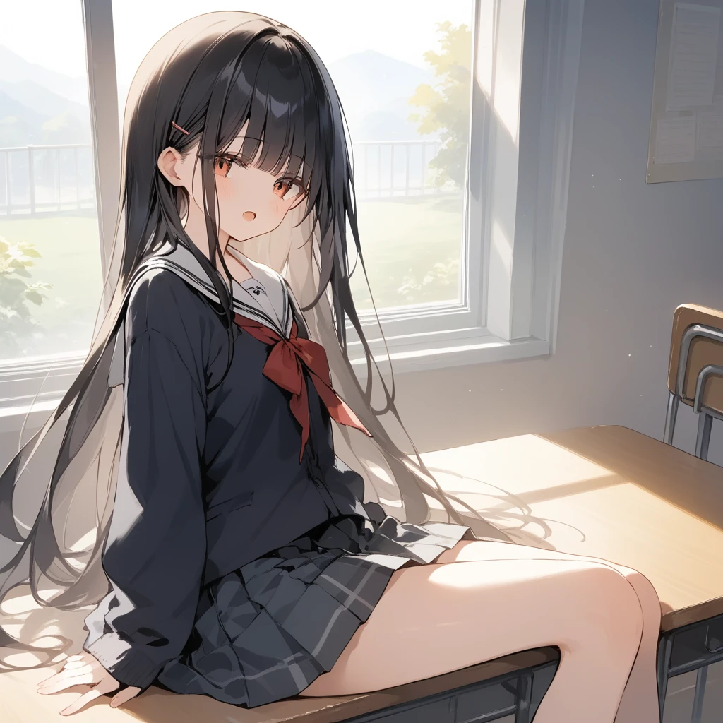 score_9, score_8_up, score_7_up, source_anime, best quality, masterpiece, official art, absurdres, highres, ultra-detailed,waifu2x,Collection: Slice of Life,break,1girl, long hair, straight hair, black hair, blunt bangs, small breasts, beautiful detailed eyes, school_uniform, open mouth, (yawn:0.3), sleepily, sitting, school, indoors, wind, break,(clear line illustration:1.2),very high resolution, very aesthetic, super detailed skin, Best sexual lighting powered by famous artist, 8k,cute picture,beauty illustration,photoshop_(medium),,(Detailed Lighting),best anime 8k konachan wallpaper, pixiv contest winner,