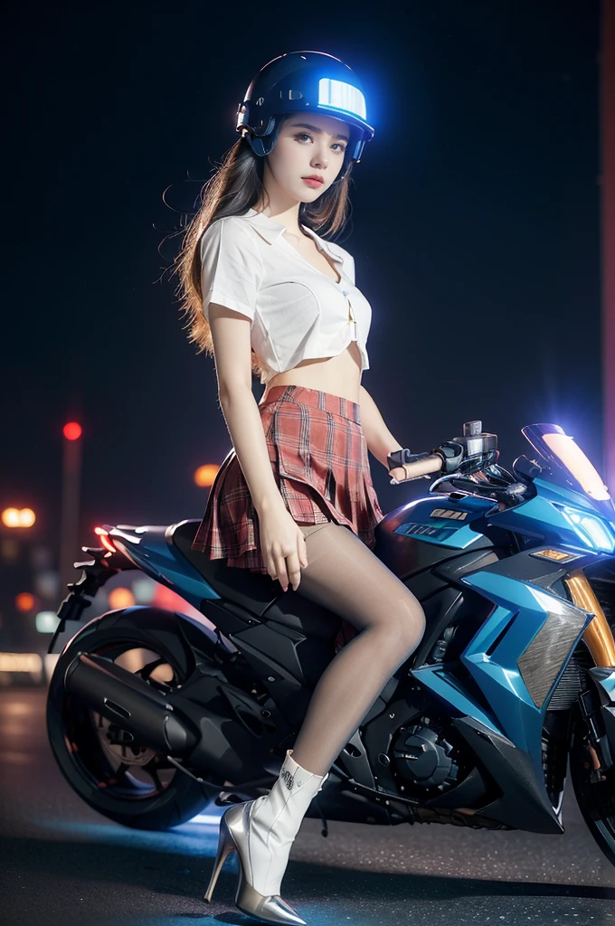 (((best quality))),(((ultra detailed))),(((masterpiece))),illustration,((1 beautiful girl,solo)),((slim,thin,small breasts,flat chest)),shoulder length straight hair,almond-shaped eyes, intense gaze, fair skin, subtle blush, full pink lips, confident smile,(white collared short sleeved shirt:1.3),Windsor knot on neck,((red plaid pleated skirt,slender legs,pantyhose)),deep blue hue, silver accents, form-fitting, low neckline, smooth skin,booties, urban scene, cyberpunk city, neon lights, tall buildings, LED signs, misty glow, dreamy ambiance, night sky, twinkling stars, electric atmosphere,(riding on a motorcycle:1.3), (safety helmet:1.3), vibrant atmosphere
