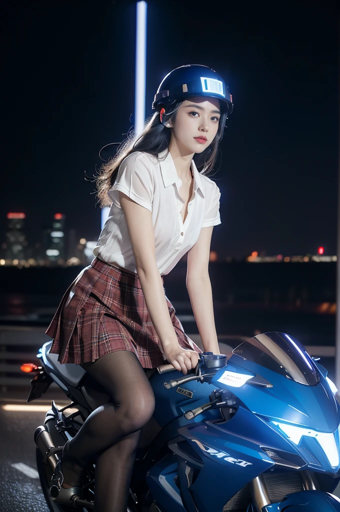 (((best quality))),(((ultra detailed))),(((masterpiece))),illustration,((1 beautiful girl,solo)),((slim,thin,small breasts,flat chest)),shoulder length straight hair,almond-shaped eyes, intense gaze, fair skin, subtle blush, full pink lips, confident smile,(white collared short sleeved shirt:1.3),Windsor knot on neck,((red plaid pleated skirt,slender legs,pantyhose)),deep blue hue, silver accents, form-fitting, low neckline, smooth skin,booties, urban scene, cyberpunk city, neon lights, tall buildings, LED signs, misty glow, dreamy ambiance, night sky, twinkling stars, electric atmosphere,(riding on a motorcycle:1.3), (safety helmet:1.3), vibrant atmosphere