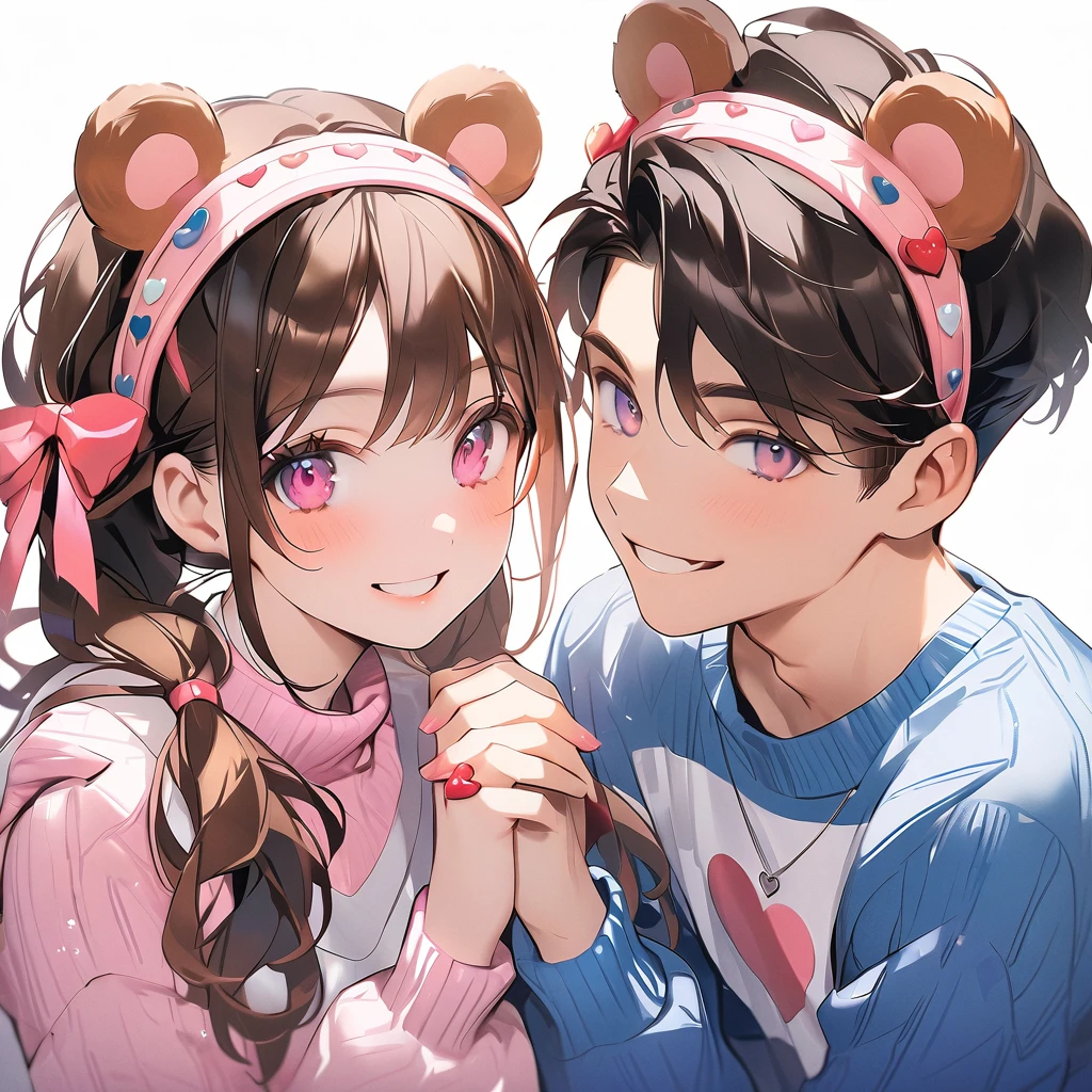 A cute anime couple wearing white and blue sweaters with glowing heart patterns, holding hands while looking at the camera in a colorful digital art style. The girl has long brown hair tied into pigtails adorned with teddy bear ear headbands, while her boyfriend is depicted as an attractive young man dressed casually with short brown metallic hairstyle. They both have bright pink eyes that sparkle in their expressive faces, creating a romantic atmosphere for Valentine's Day. The artwork is in the style of a focus on the faces.
