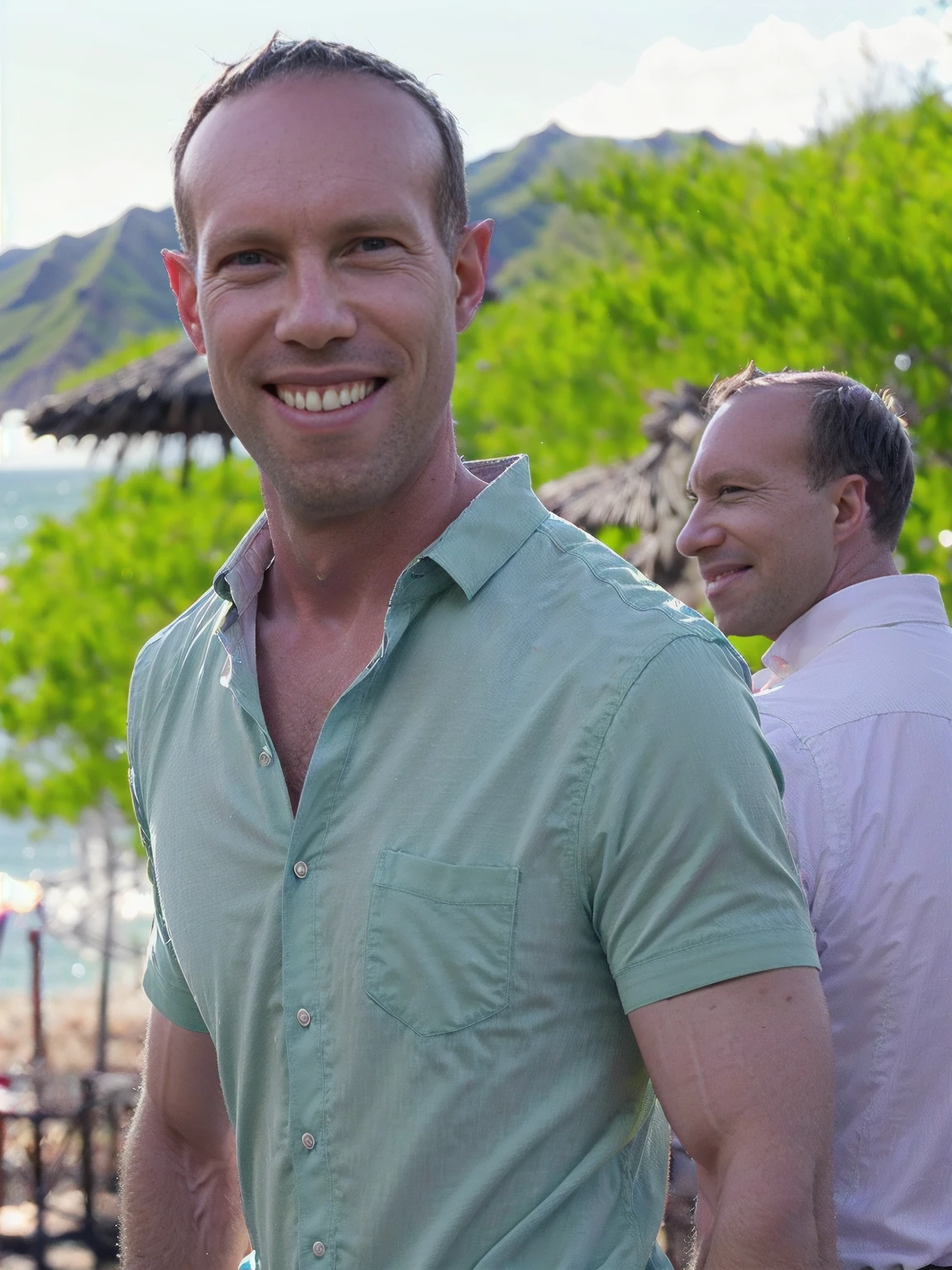 a man, Todder8, Todder1 short hair, perfect skin, RAW, UHD, 8K, looking at camera, on a yacht at sea, vacation photography, colorful Hawaiian shirt, photorealistic, dynamic lighting, perfect day, [smiling]