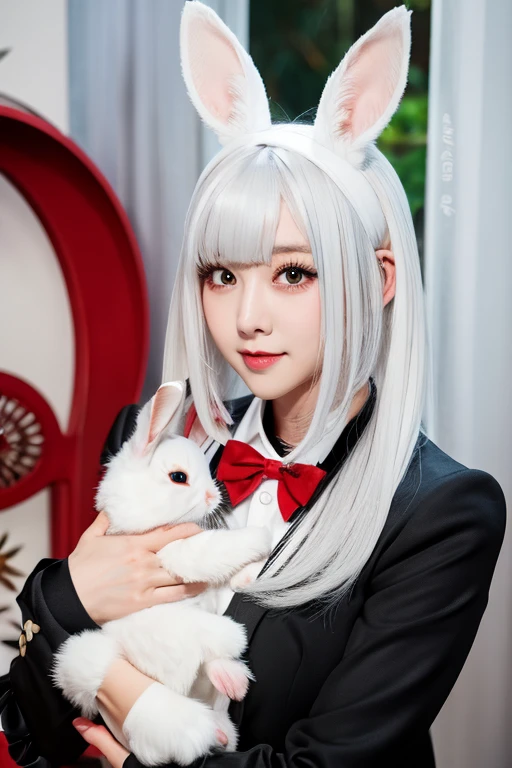 Black , rabbit ears, rabbit tail, white hair, red eyes, holding a rabbit, big, plump, sexy breasts.